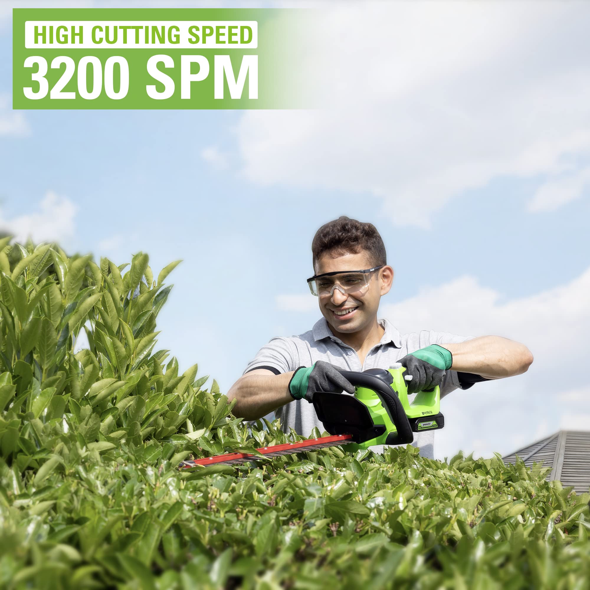 Greenworks Cortasetos a Batería 24V GD24HT61K2 Cuchillas de Doble Acción 61 cm, Corta Ramas y Tallos de Hasta 25.4 mm Grosor, 3200 spm, Batería 2Ah y Cargador, 3 Años de Garantía
