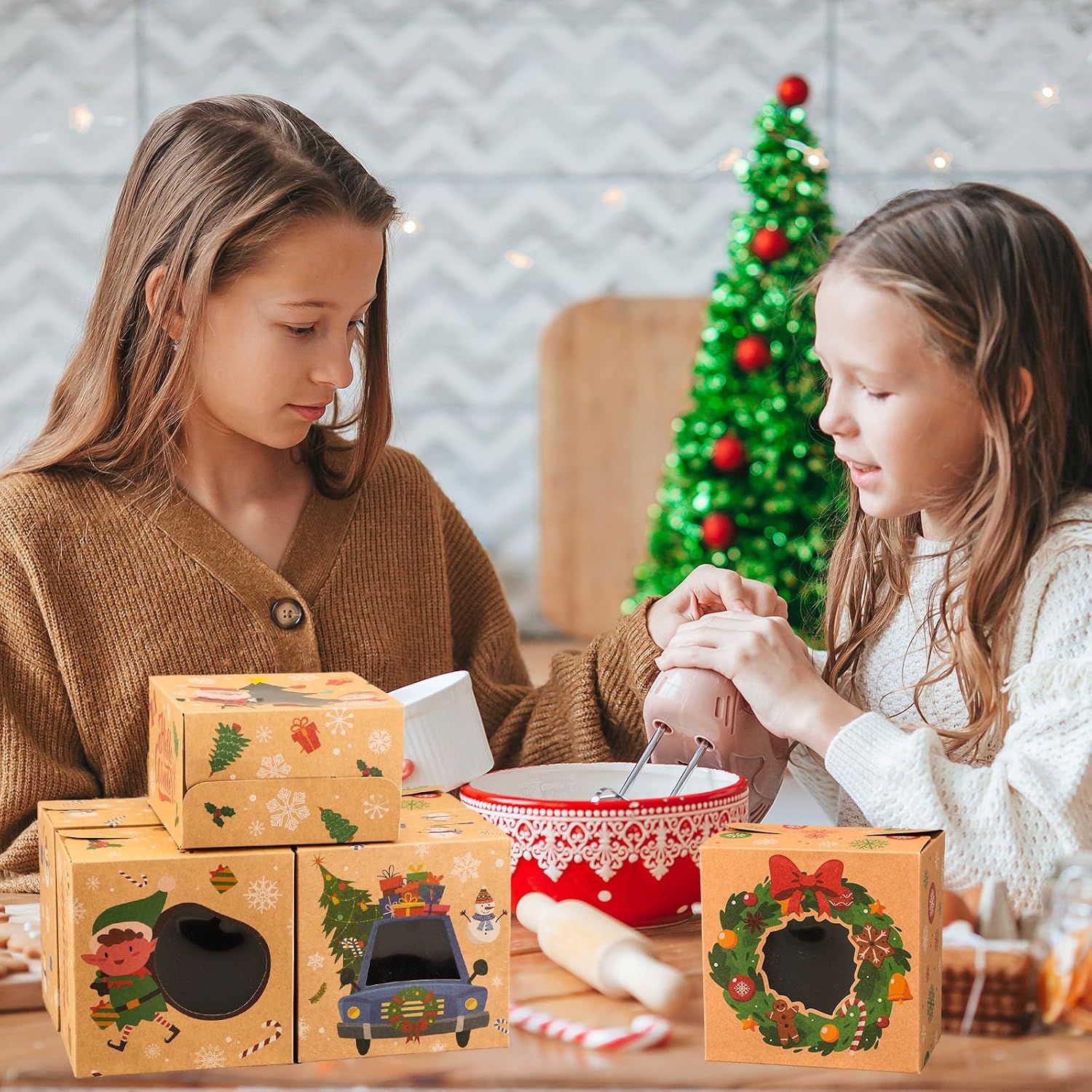 Estune 60 Pcs Christmas Cookie Box for Gift Giving Holiday Bakery Treat Boxes with Window Kraft Baking Box with Thank You Tag and Hemp Rope for Christmas Cupcakes Pastry Party Favor Candy(Lovely)