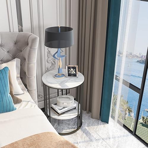 Miniatura 8 de Wisfor Mesa auxiliar de piedra sinterizada mesa auxiliar redonda blanca de 2 niveles - Mesa de centro pequeña con marco negro - Mesita de noche