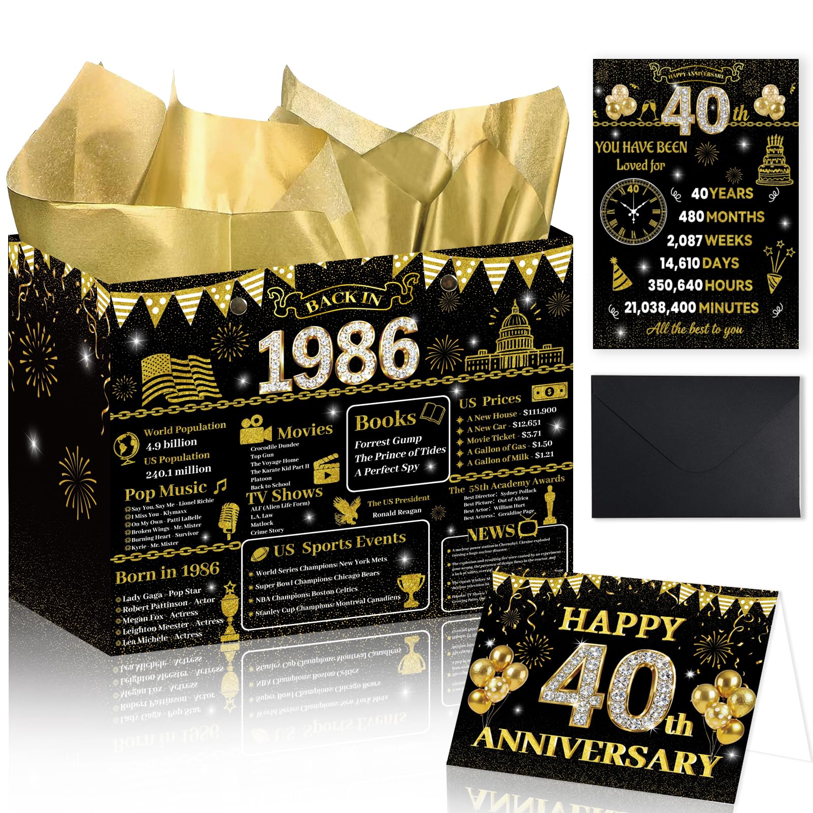 Lednica 40th Anniversary Party Gift Bag, 1986 Gift Bag with Tissue Papers Poster Envelope&Card, 40th Wedding Two-sided Anniversary Paper Gift Wrap Bags for Women Men Gold Wedding Party Supplies 12