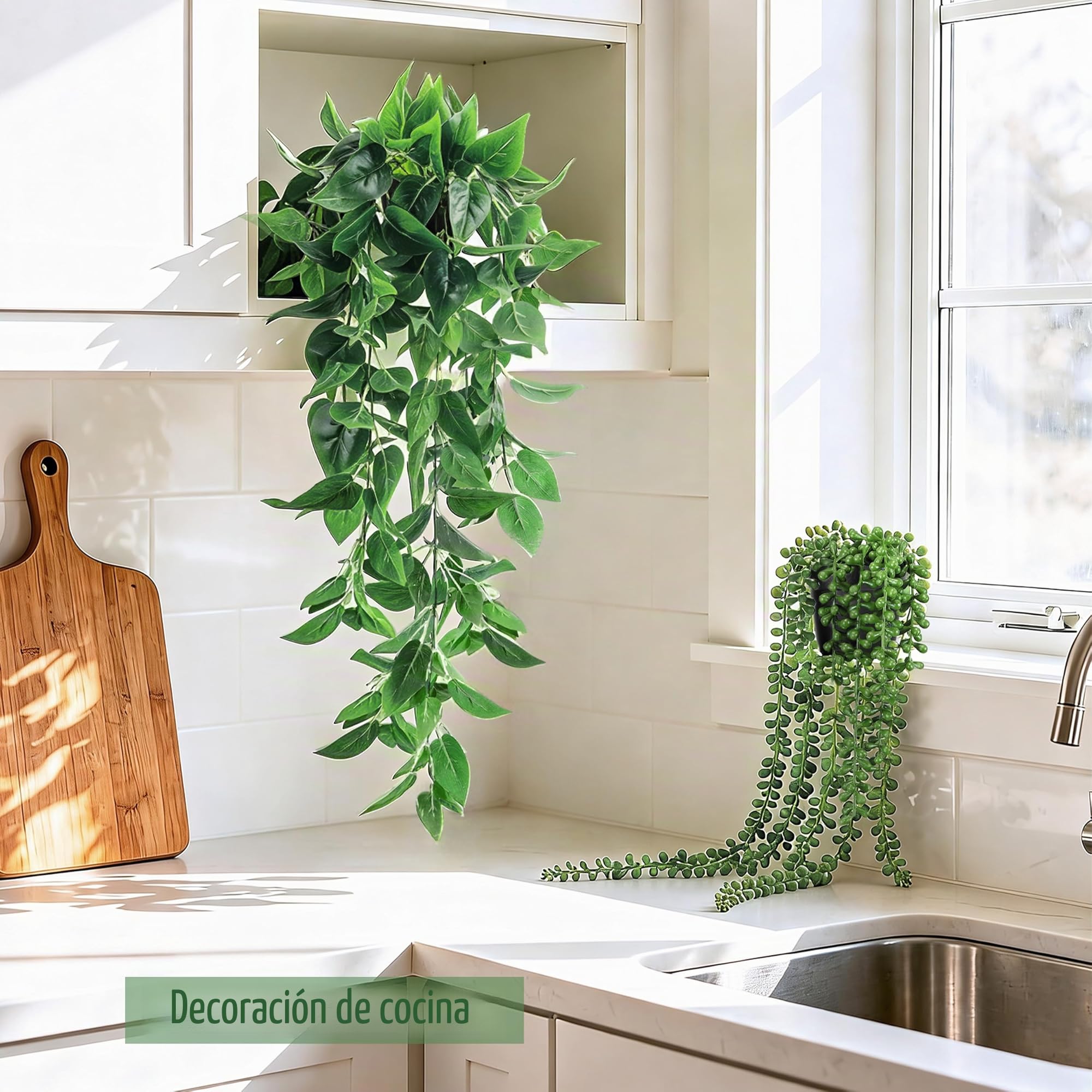 Der Rose 4 piezas de plantas artificiales colgantes, vid de hiedra falsa, eucalipto artificial, helecho Boston, cadena de perlas para la estética de la sala de estar, dormitorio, cocina, decoración de