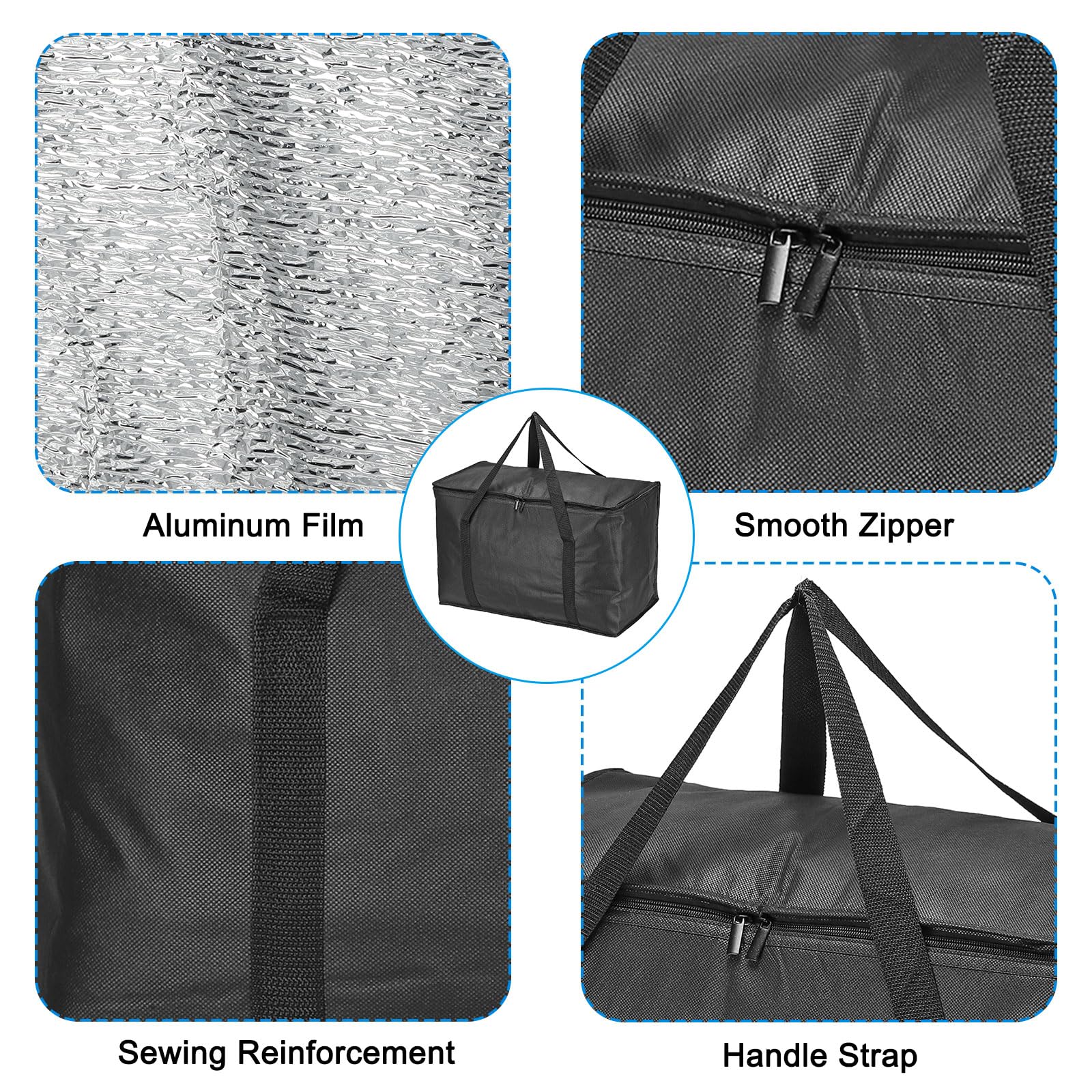 PATIKIL 20.1"x10"x13" Térmica Reutilizable Comestibles Bolsa, 2 Paquete Comida Reperto Aislada Enfriador Mano Bolsa con Cremallera Plegable para Caliente Frío Transporte Compras, Negro