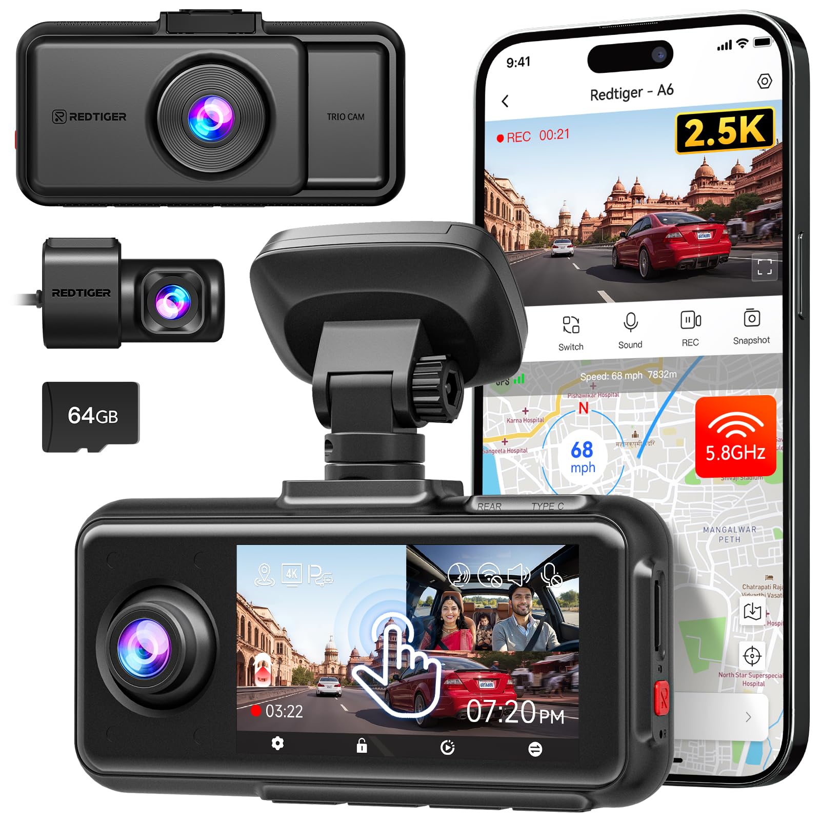 REDTIGER A6 3 Channel 2.5K Front + 1080P Rear and Interior Dash Cam with 64GB Card, Supports 4K + 1080P Dual Mode, 5G WiFi, GPS, 3" Touch Screen, Voice Control, Adjustable Mount and Cabin Camera