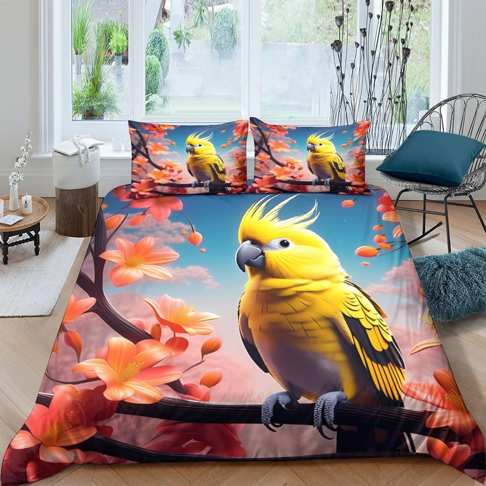Ctjqhvkz Style-7 3D Printed Yellow Parrot Fitted Sheet Microfiber Soft Floral Bird Bed Cover For Bedroom Dorm Mattress Protection Single（135X200cm）
