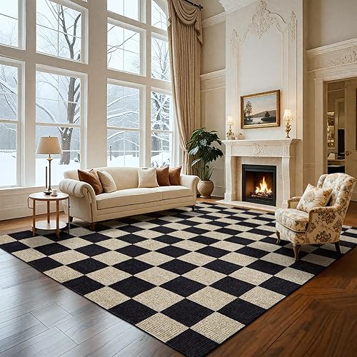Miniatura 15 de Alfombra Lavable 5x7 de Cuadros, Alfombra de Área Verde y Blanca, Alfombras Grandes Boho para Sala de Estar, Alfombra de Bajo Pilo Ligera para Verde