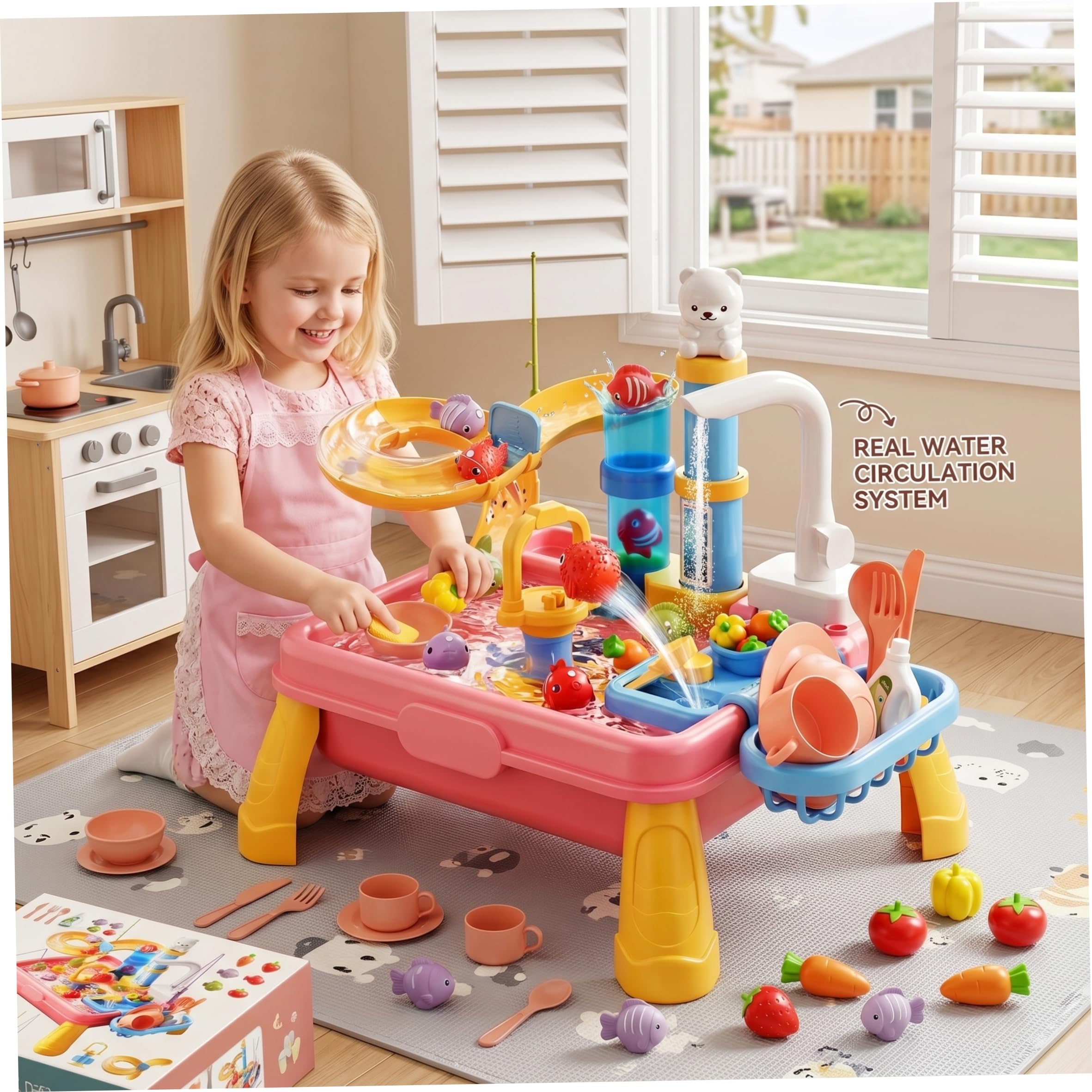Lavandino da gioco con acqua corrente, Tavolo da acqua per bambini 7 in 1 con giocattolo da pesca Realistico Fai finta di giocare a Circolazione automatica del giocattolo della cucina per le ragazz