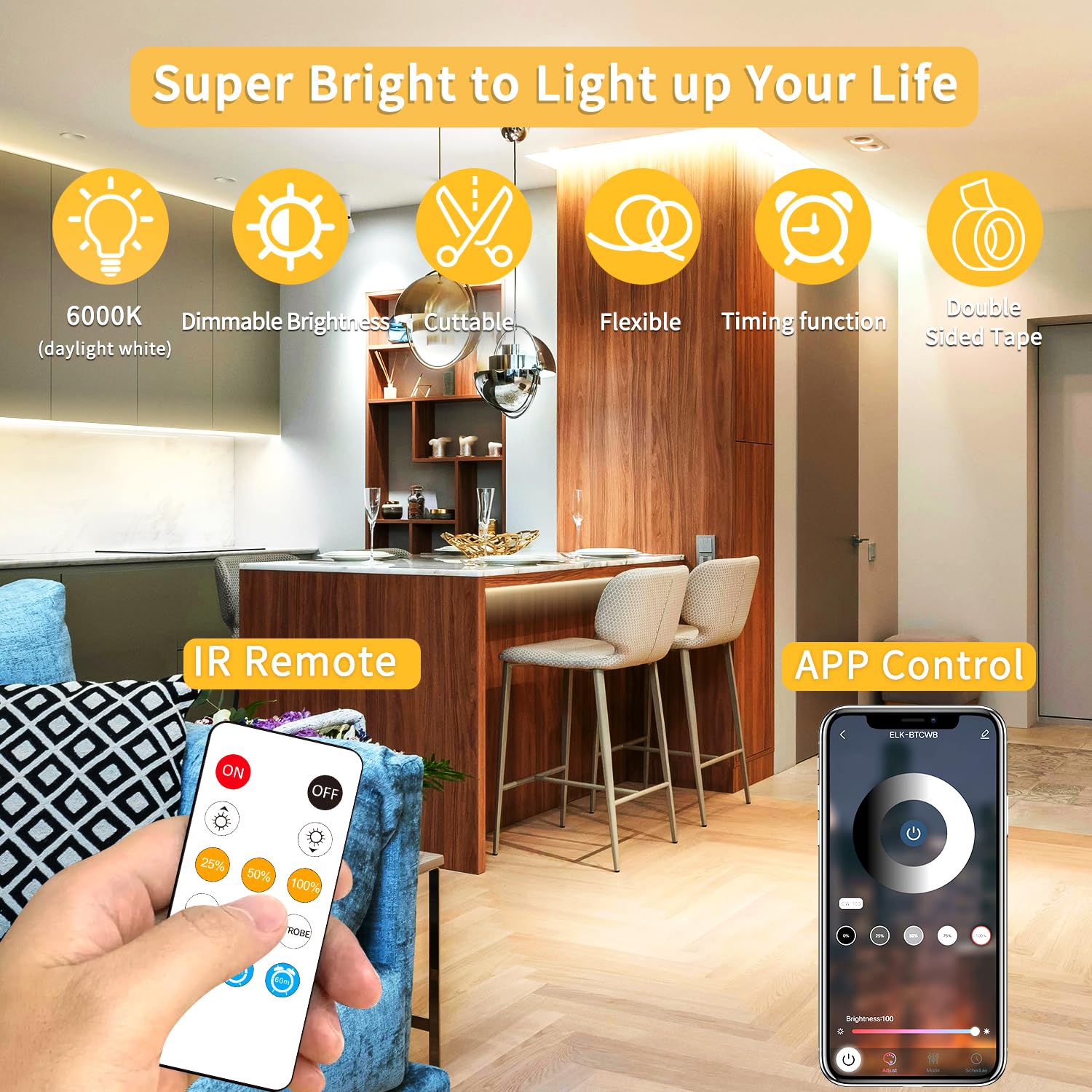 COB - Striscia LED LED 100 piedi bianco caldo strisce LED 3000K con telecomando e applicazione, luci LED COB dimmerabili 24V per camera da letto, TV, specchio, armadietto,