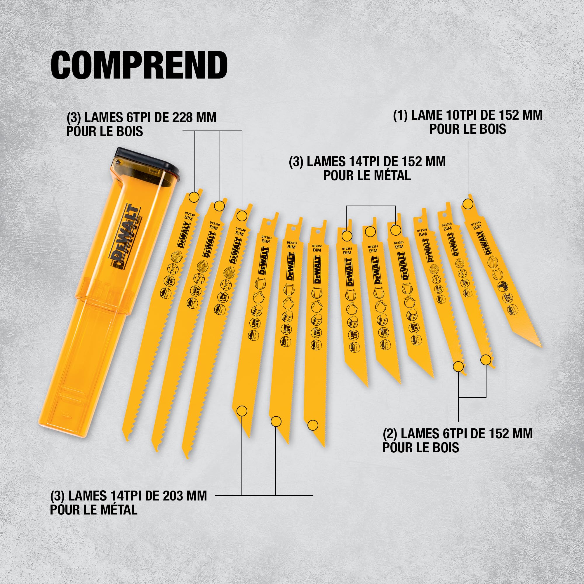 DEWALT Jeu de lames alternatives bimétalliques mixtes et coffret de rangement (12 pièces), DT2445-QZ