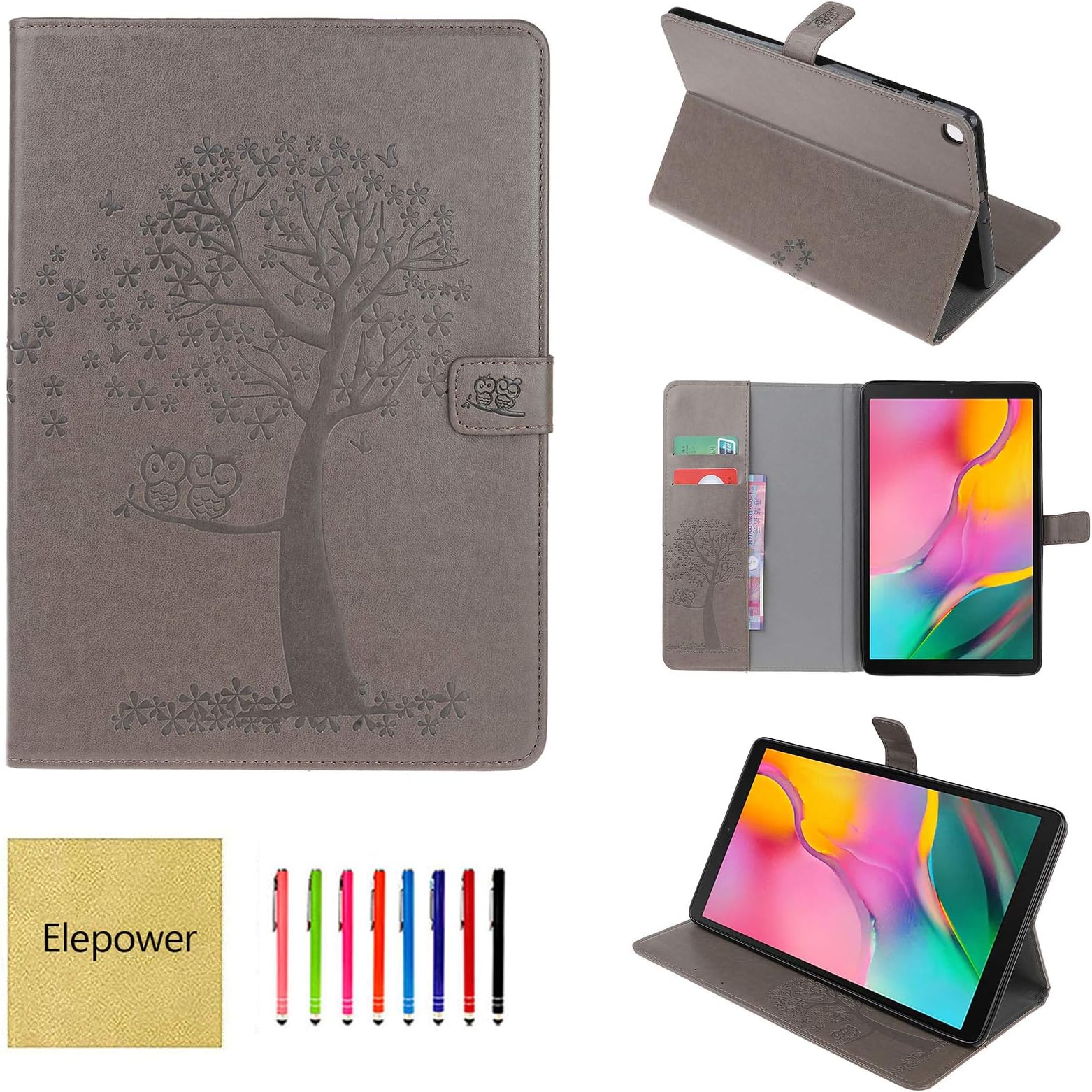 Elepower Folio Case for Galaxy Tab A 10.1 2019, T510 Case, Embossed Owl&Tree PU Leather [Card Slots] Magnetic Protective Pattern Cover for Samsung Galaxy Tab A 10.1 Inch SM-T510/T515, Gray