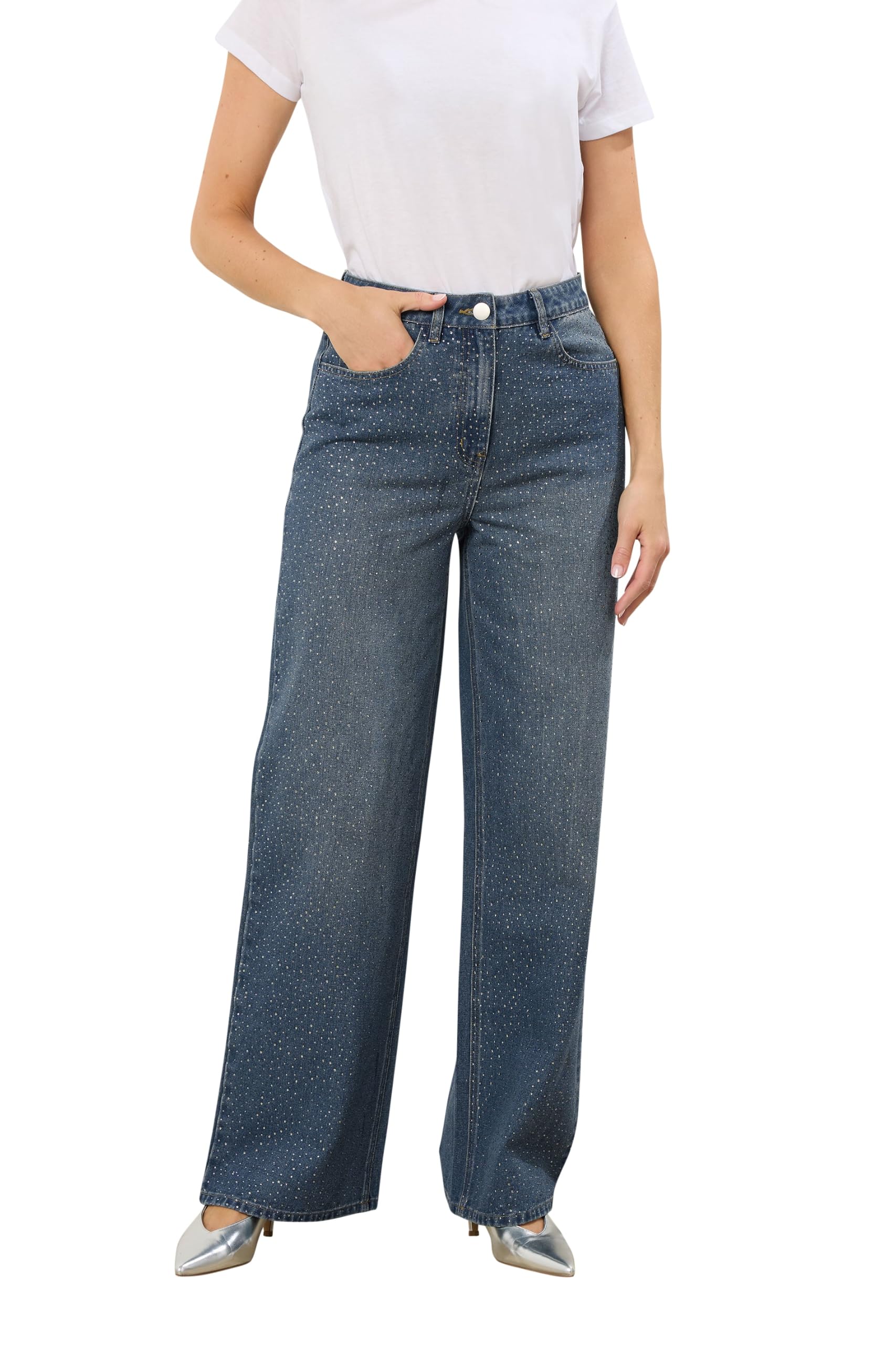 Long Tall Sally Women's Blue - Lts Tall Diamante Embellished Wide Leg Jeans