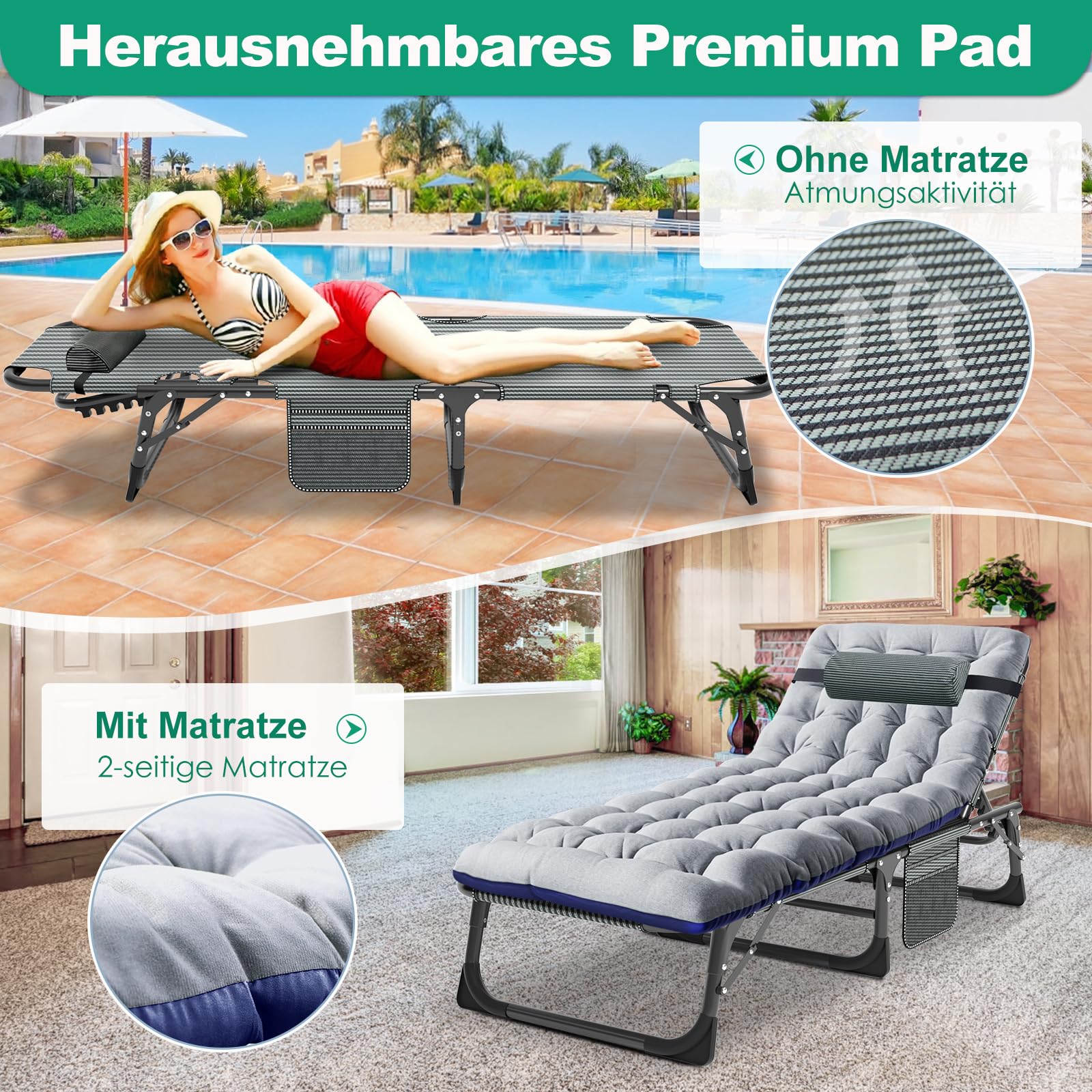 Liege Klappbar – 200 kg Tragkraft, klappbare Gästebett mit Matratze, Seitentaschen, Verstellbarer Kopfstütze und Rückenlehne – Sonnenliege für Büro, Terrasse, Garten, Camping und Sonnenbaden