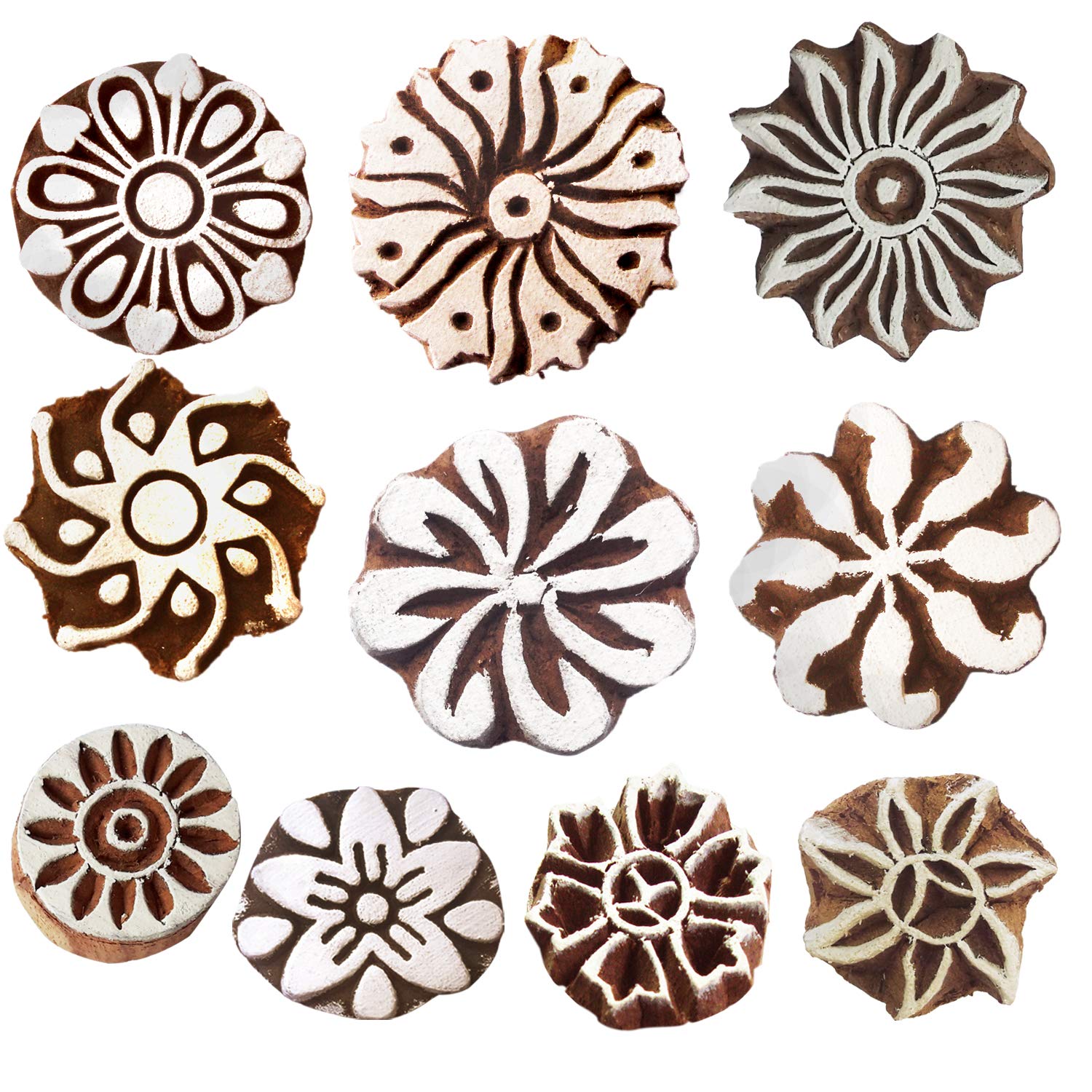 Royal Kraft Round Wooden Printing Stamps (Set of 10) - DIY Henna Fabric Textile Paper Clay Pottery Blocks Htag2163