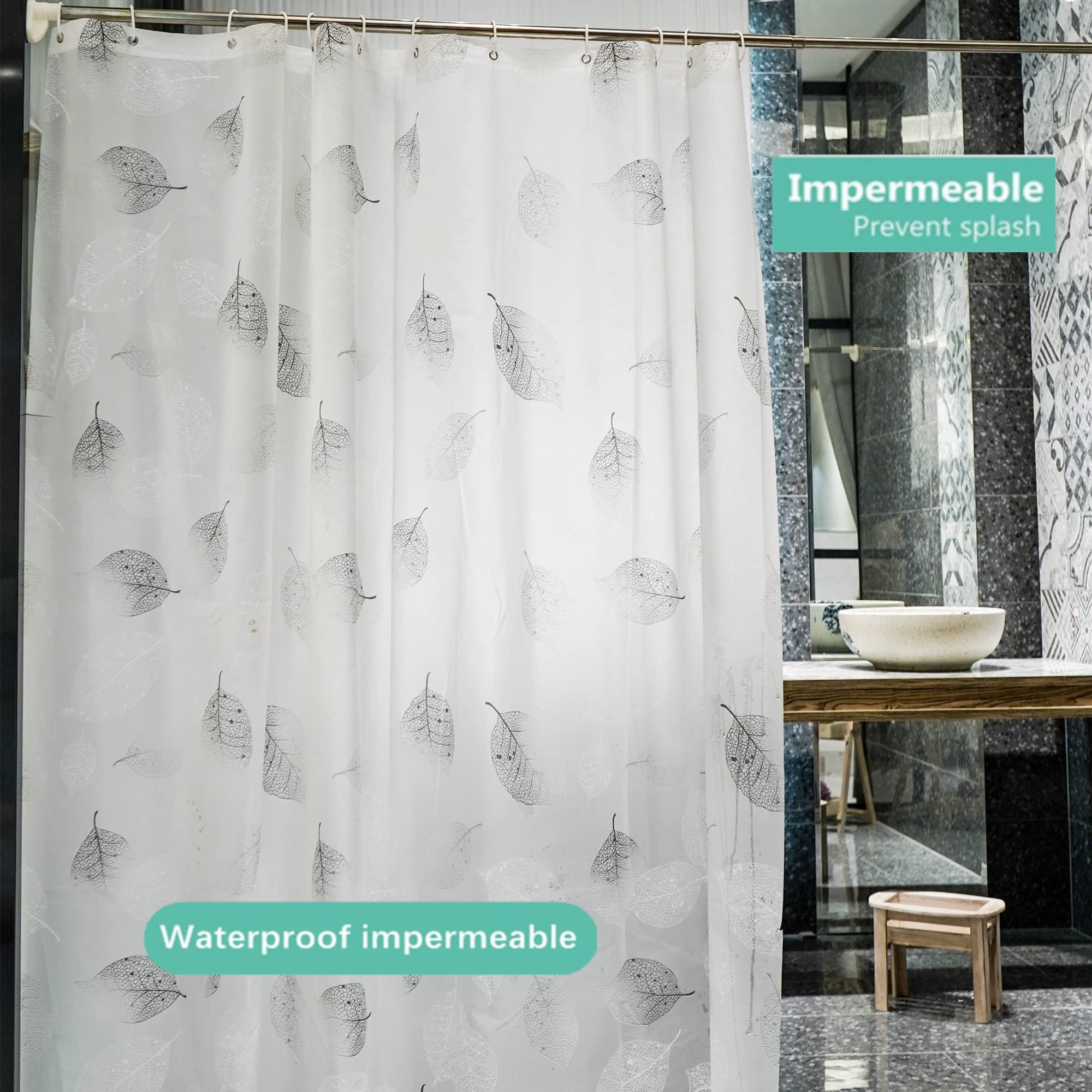 GOOPOOL Waterproof Shower Curtain, 200 x 200 cm With 12 Rings, Washable Bath Curtain, Green, W 78.7" x L 78.7" (1 Panels) - Image 4