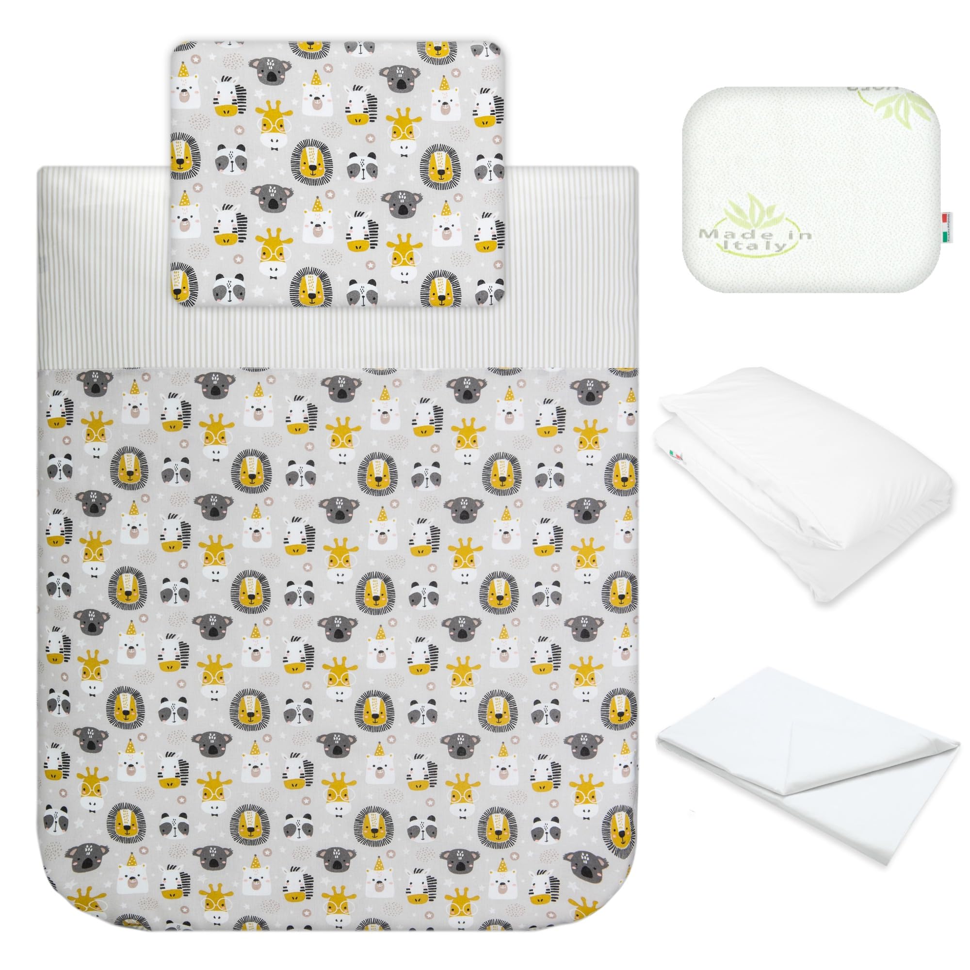 Babysanity Lenzuola Next To Me Compatibili 5 pezzi: Cuscino Neonato Federa Cuscino Piumino Copripiumino Lenzuolo Angoli per Culla Lettino Neonato Chicco Kinderkraft Cam Brevi OEKO-TEX (Lion Friends)