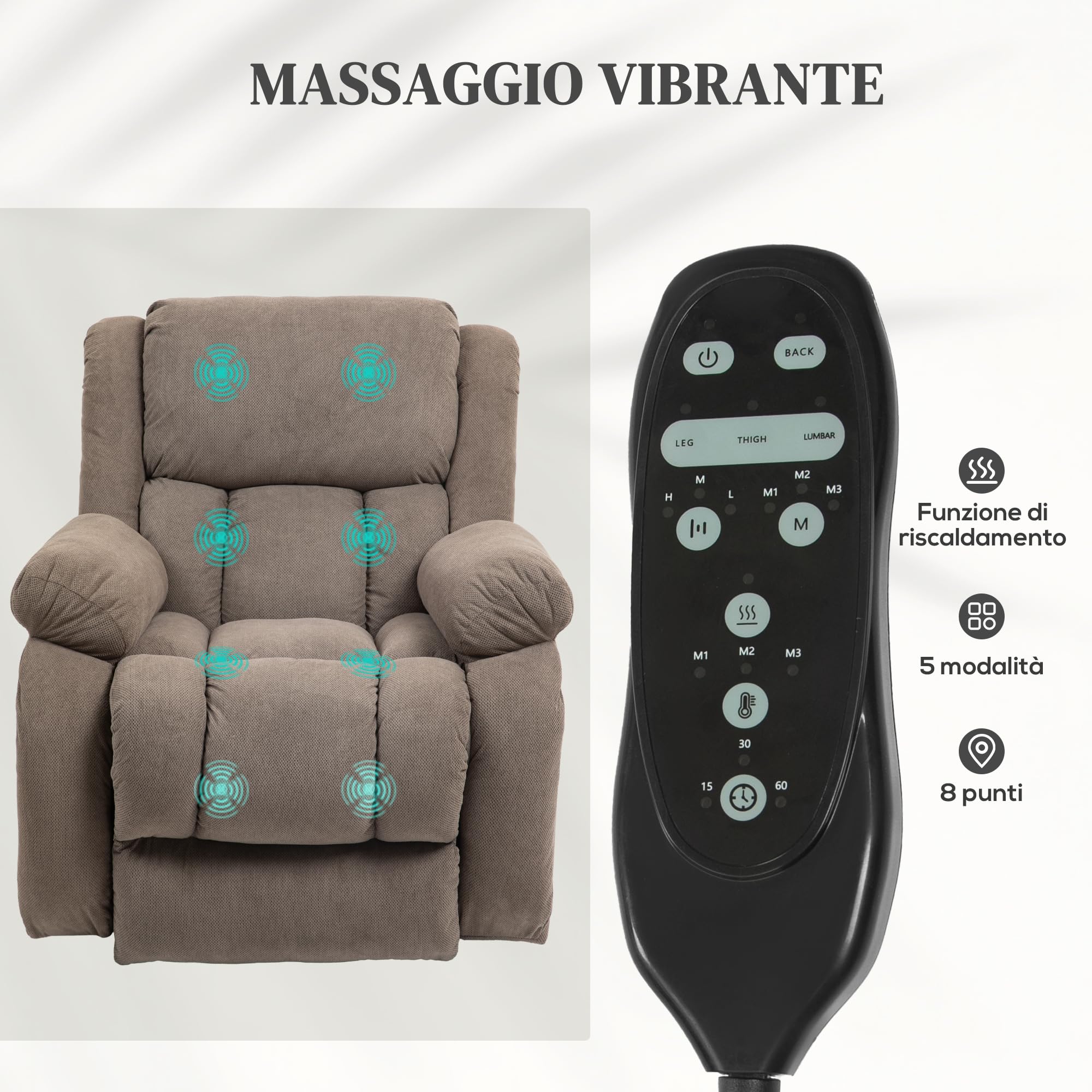 HOMCOM Poltrona Elettrica Alzapersona Reclinabile 150°, Seduta Ampia, Poltrona Relax in Velluto per Anziani, 8 Punti Massaggio Vibrante, Riscaldata, USB, Telecomandi, Poggiapiedi, Tasche, Marrone