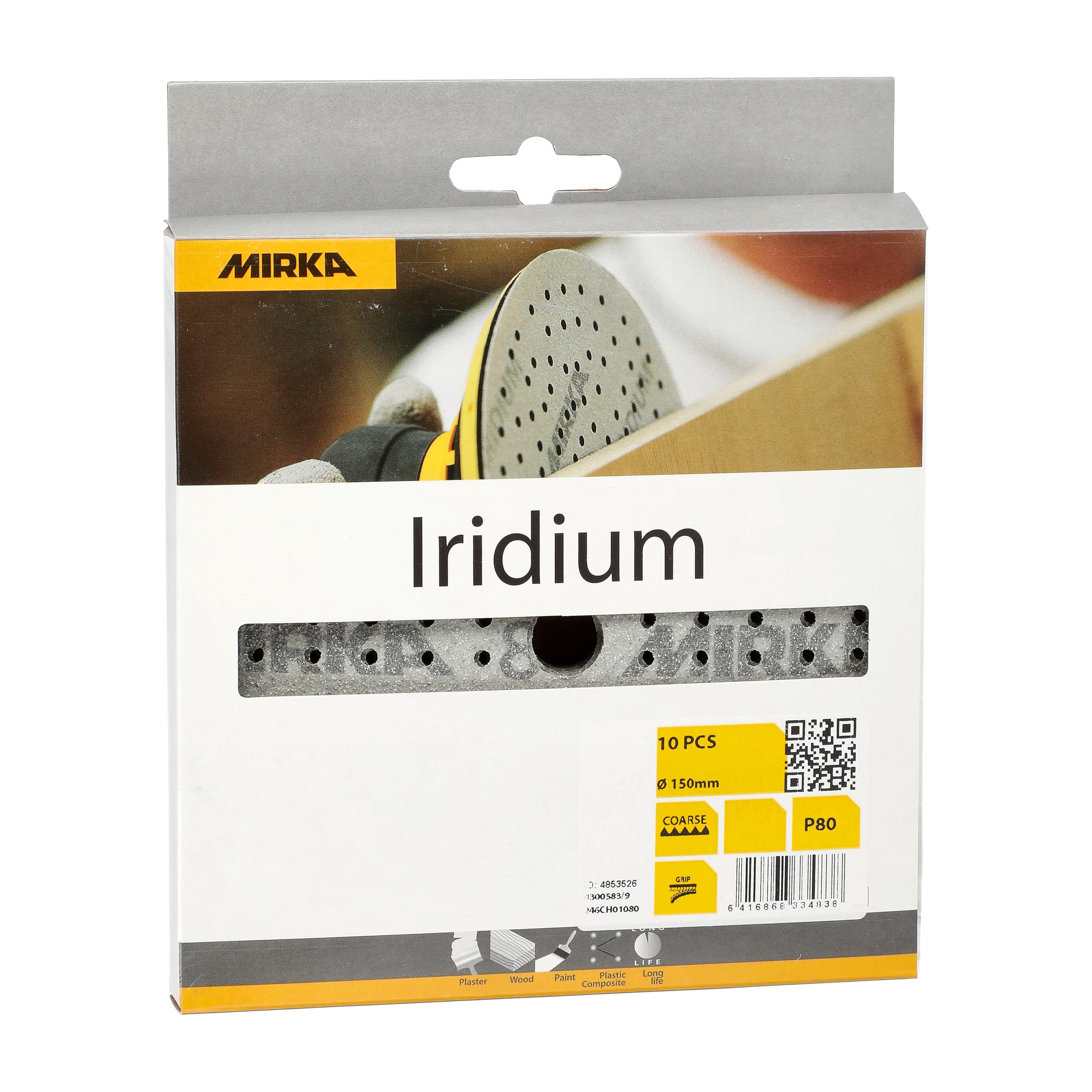 Mirka Iridium Premium carta abrasiva Ø 150 mm a strappo 121 fori, grana 80, 10 pz/Per la levigatura di vernice, stucco, fondo, legno, acciaio, materiali minerali, plastica