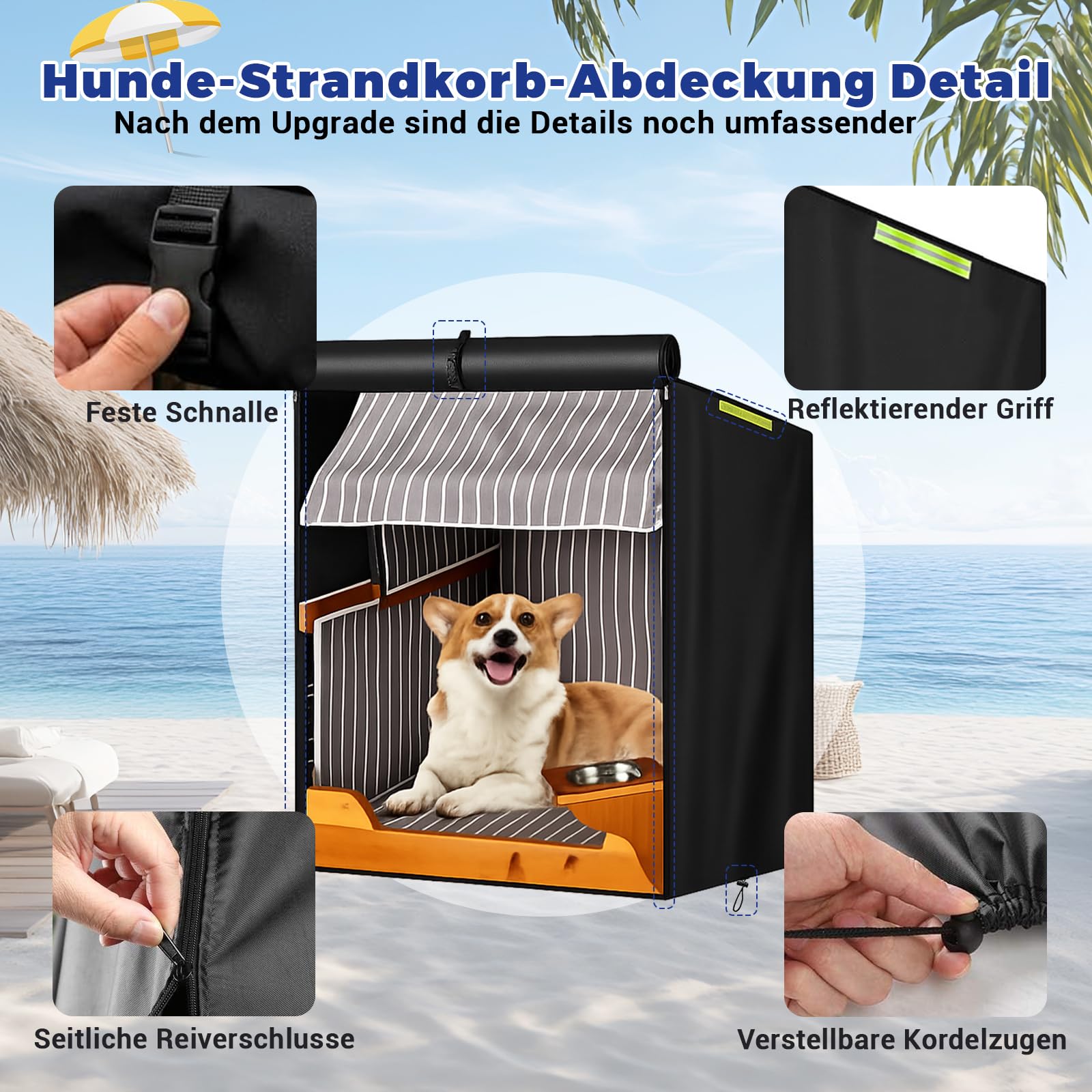 Hundestrandkorb Abdeckung, Hundestrandkorb hülle, 600D Oxford Wasserdicht Abdeckhaube Schutzhülle für Strandkorb Hund, mit Fluoreszierender Griff,85 * 75 * 100cm