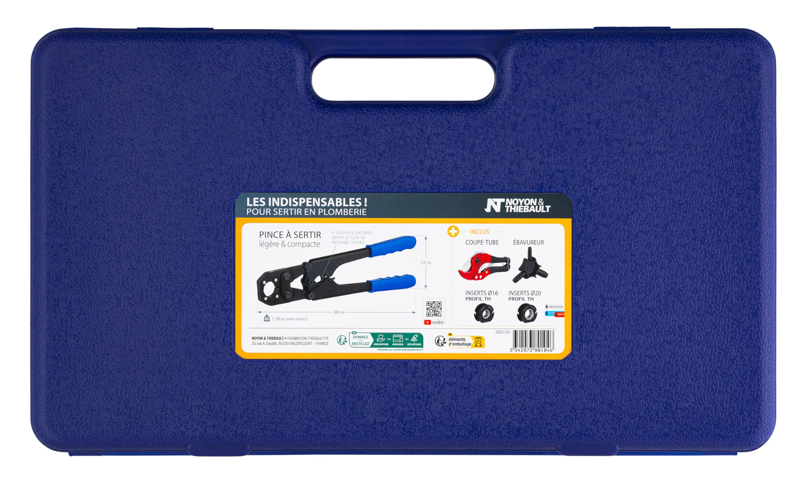 Coffret complet pour le sertissage des raccords sur tubes PER et multicouche NOYON & THIEBAULT contient 1 pince à sertir, 1 coupe tube, 1 ébavureur/calibreur, 2 inserts profil TH 16/20 mm