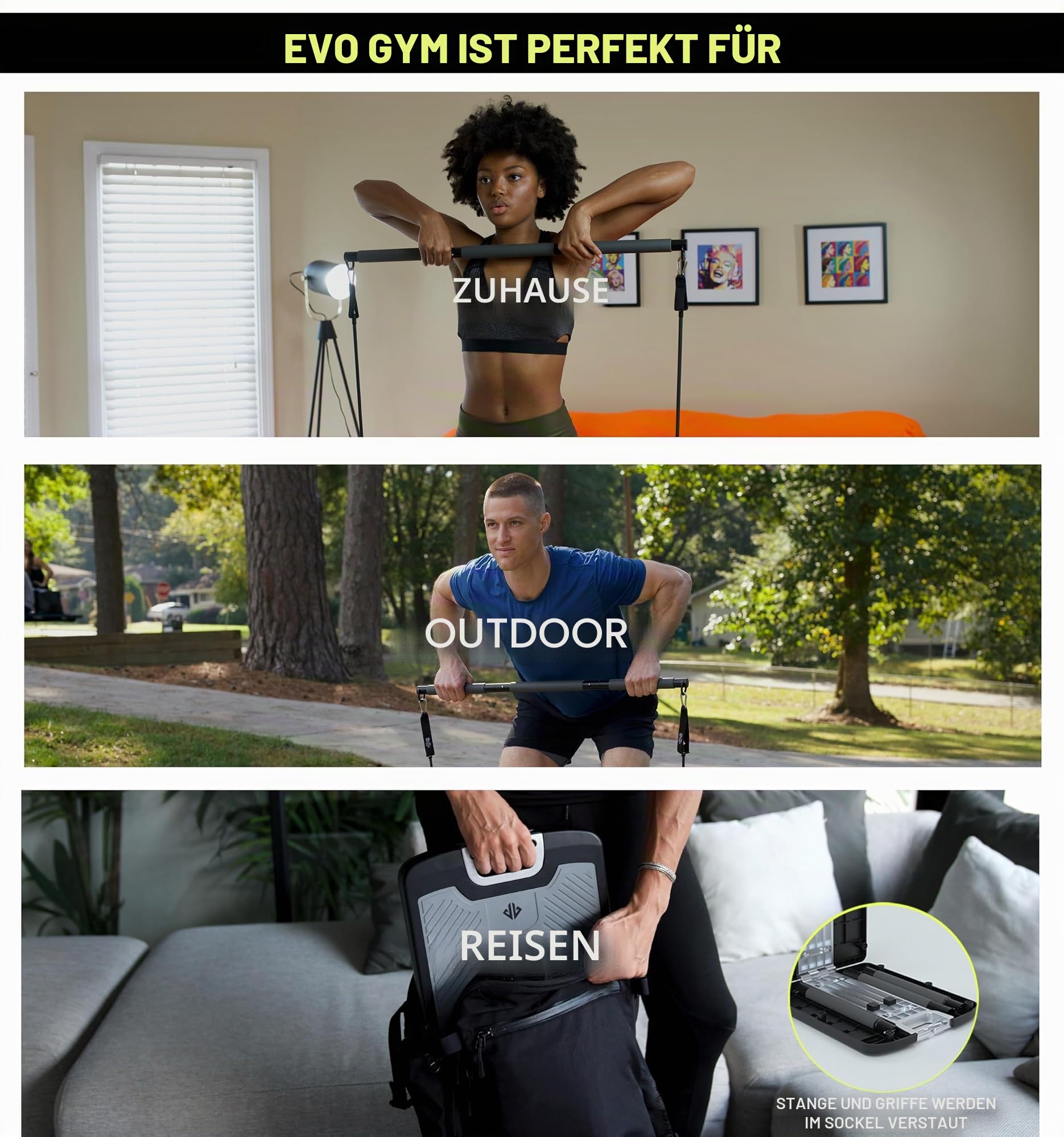 EVO Gym – Tragbares Krafttrainingsgerät für zu Hause, Fitnessstudio; All-in-One-Fitnessstudio; Widerstandsbänder, Basis hält Turnstange und Griffe für Reisen | Tragbares Fitness- und