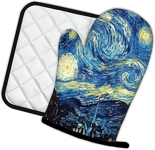 Miniatura 2 de The Starry Night - Guantes de cocina y soportes para ollas de cocina, juego de 2 piezas, almohadillas resistentes al calor para hornear, barbacoa,
