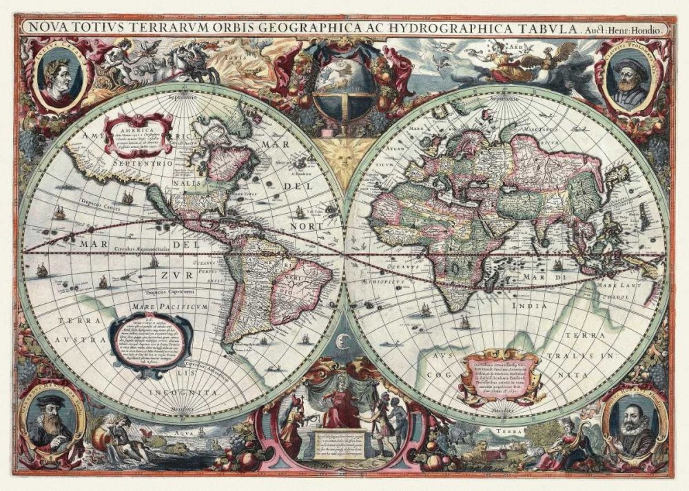 Bild auf gerollter Leinwand Nova Totius Terrarum Orbis Tabula Hondius Hendrik – Karten horizontal Kunstdruck Neuheit Karten Leinwand Fine Art 26_X_37_in