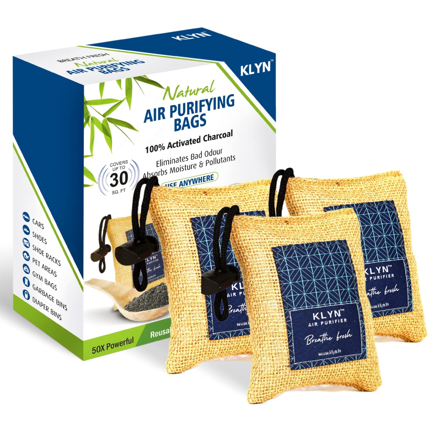 KLYNCarbon Air Purifying Bags – Bad Odour & Moisture Eliminator - 50x Powerful - Specially Treated Industrial Grade Carbon (75gm, Pack of 3)
