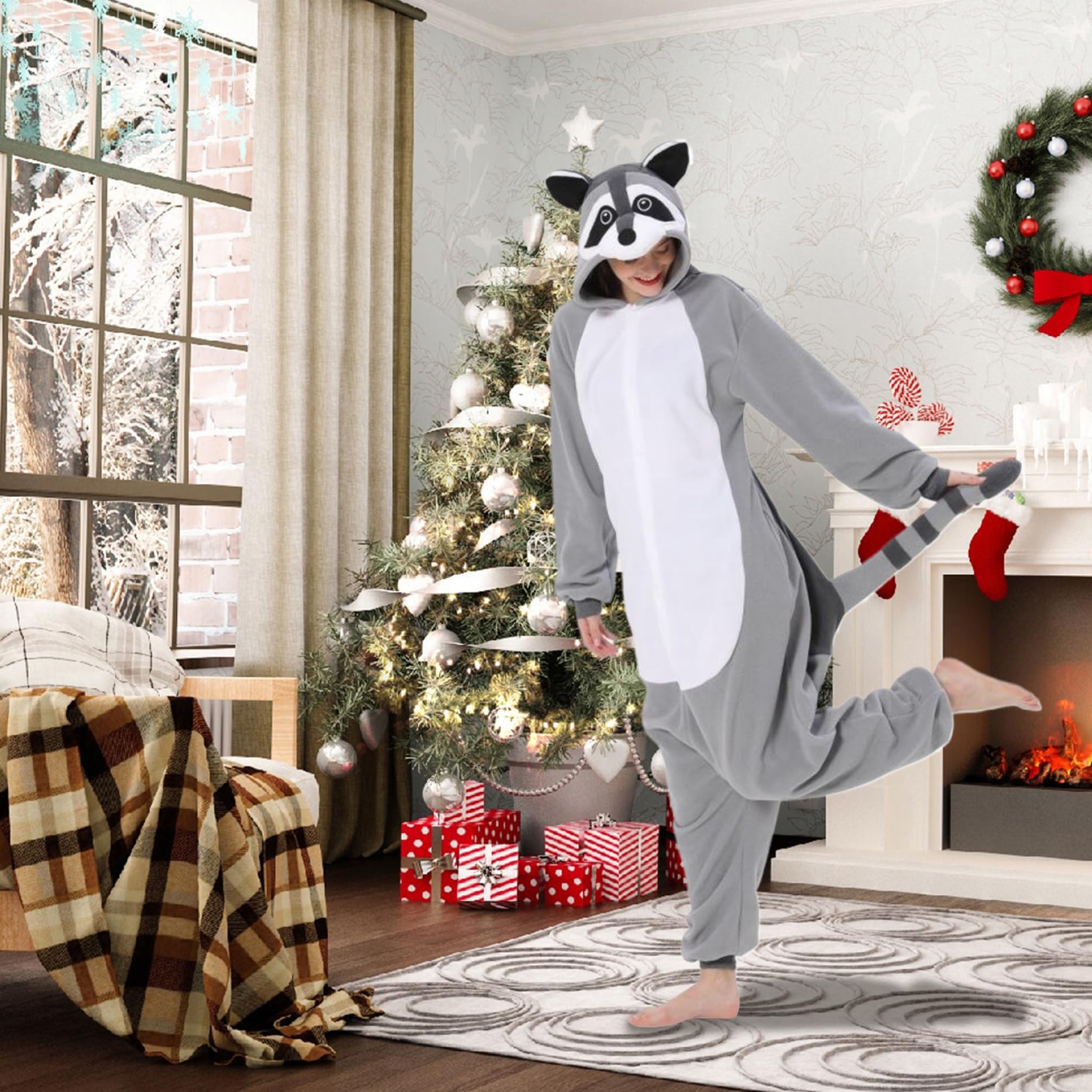 Mono de Mapache para Adulto Pijama de Mapache con Capucha y Cola Mono de Animal de Forro Polar con Cierre de botón Disfraz Lindo y térmico para Navidad, Halloween...