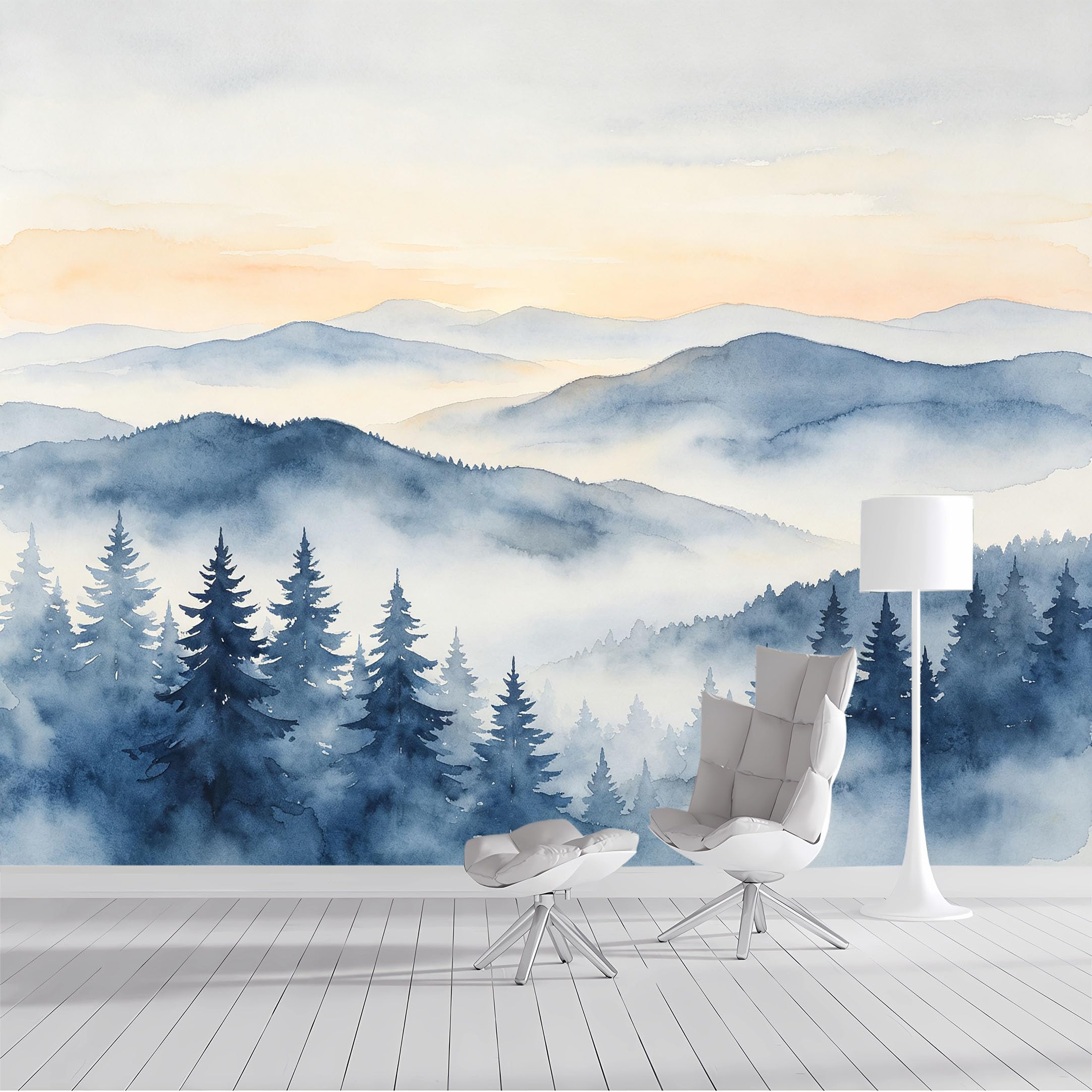 Yzpallescene Bh260711009 Custom Size Wall Mural Misty Mountain Forest Watercolor Selfadhesive Wall Fabric Removable Peel And Stick Wallpaper Wall Decor For Living Room Bedroom Bathroom