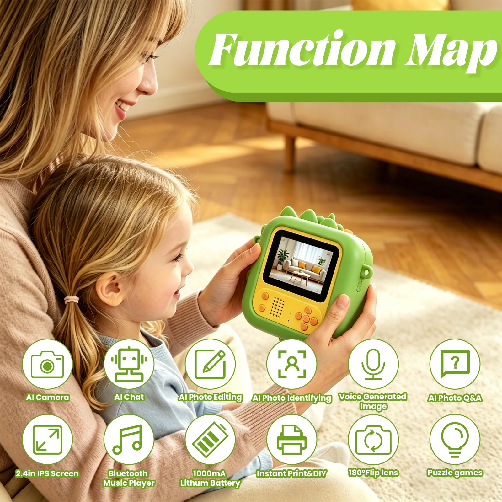 ARNSSIEN AI Aparat Cyfrowy dla Dzieci, Aparat Natychmiastowy, 1080P | Aparat Natychmiastowy dla Dzieci AI, Rozpoznawanie Obiektów, Czat AI, Bluetooth, Wi-Fi, IPS 2,4", prezent 3–12 lat, AI M2