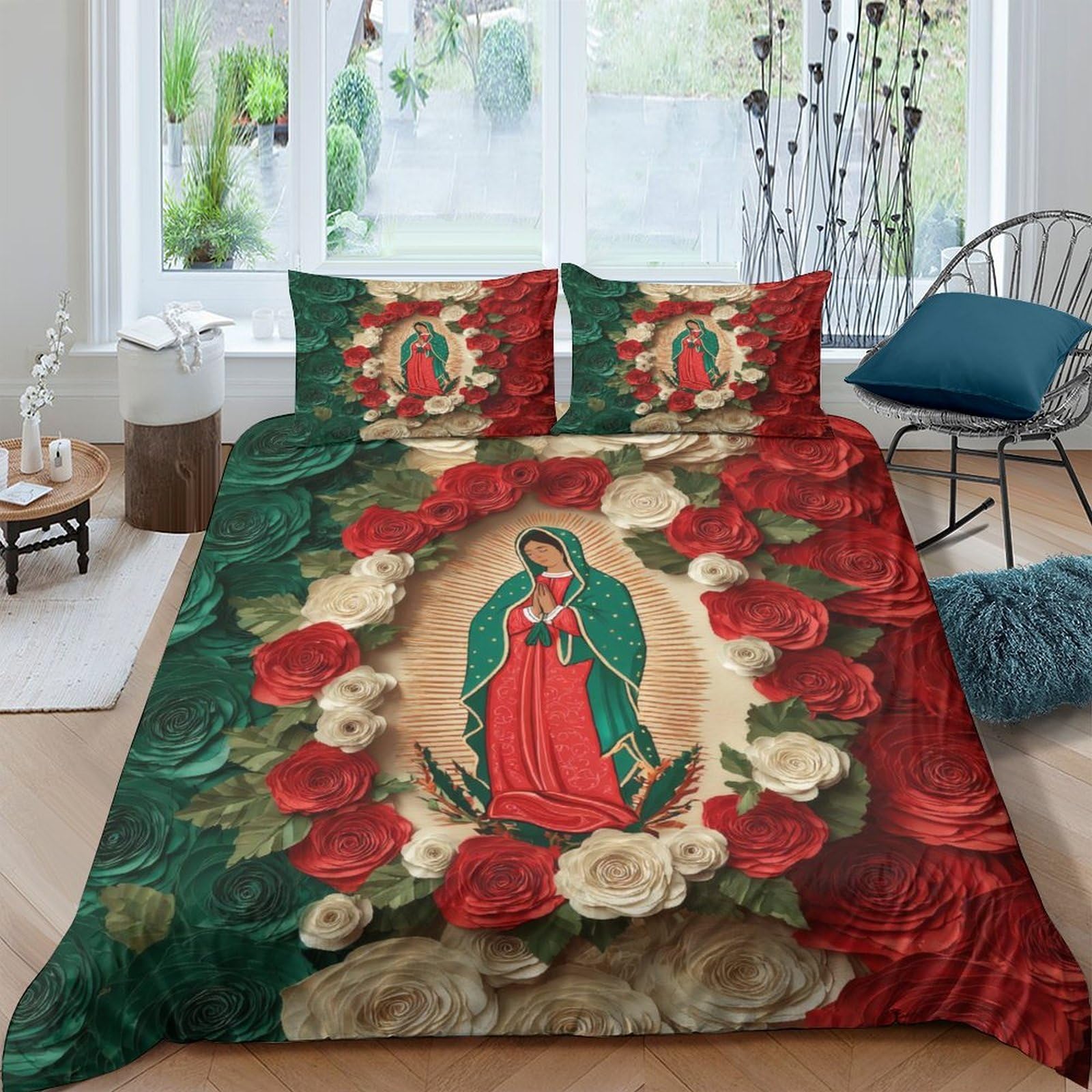 Ctjqhvkz Style-3 3D Printed Virgin Mary Roses Fitted Sheet Microfiber Red Green Bed Cover For Bedroom Dorm Easy Care Decor Single（135X200cm）