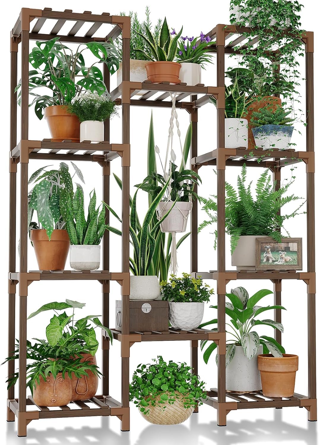 Bamworld Soporte para Plantas Estantería para Plantas de Exterior e Interior Estante para Colgar Varias Plantas, Jardinera Alta de Madera para Salón, Patio, Balcón, Jardín, Marrón
