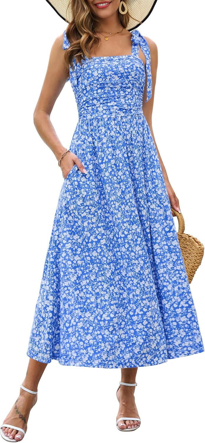 Zattcas Womens 2026 Summer Spaghetti Strap Floral Maxi Dress with Pockets Smocked Flowy Long Beach Vacation Sundresses
