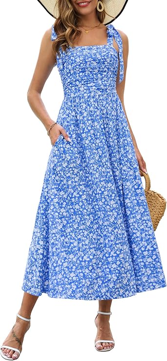 Zattcas Womens 2026 Summer Tie Shoulder Floral Maxi Dress with Pockets