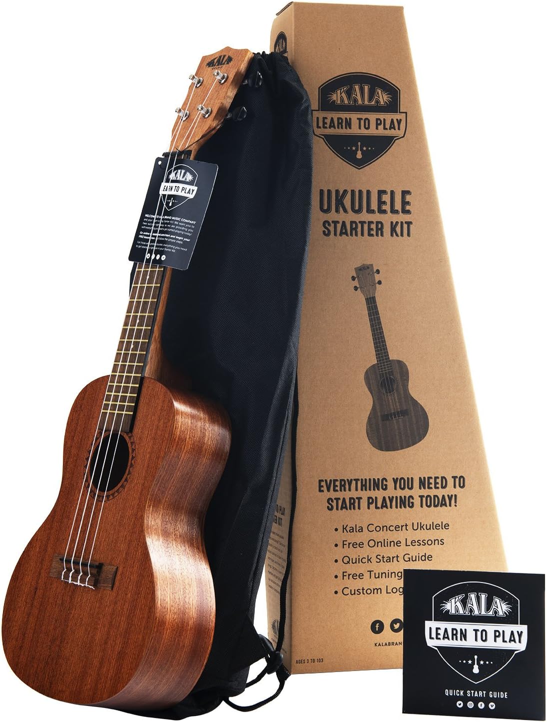 Learn to Play Ukulele Concert Starter Kit, Satin Mahogany – Includes online lessons, tuner app, and booklet (KALA-LTP-C)
