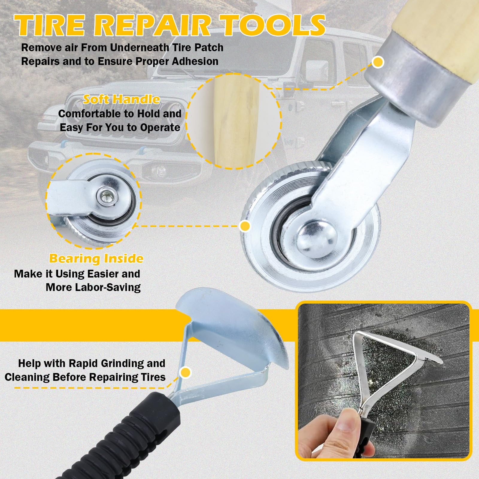 Kits de réparation de pneus pneumatiques, outils de polissage de roue, comprend un tampon de pneu pneumatique à faible vitesse de 2500 tr/min, un grattoir de revêtement intérieur, un rouleau de patch