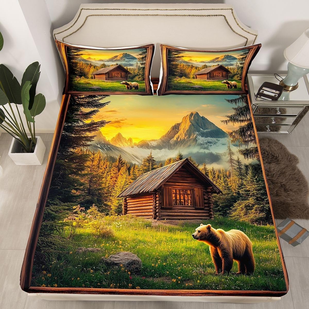Bear Single Fitted Sheet Prairie Bed Sheets Deep Pocket 12 inch (30 cm) Soft Cozy 3 Piece Microfibre Bed Sheet 90x190 cm with 2 Pillowcases 50x75 cm
