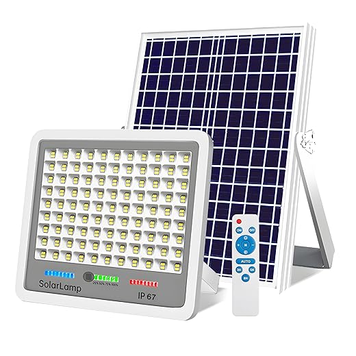 100W to 500w Solar High Bright Flood Light Outdoor Remote, IP67 Waterproof Solar Power Light Auto On/Off, Wide Range, Dusk to Dawn for Yard, Gazebo, Shed, Barn, Porch, Patio, Garage, Garden (100W)