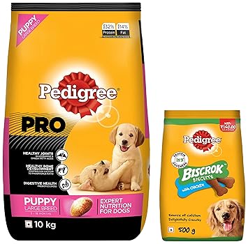 Pedigree PRO Expert Nutrition Large Breed Puppy (3-18 Months), Dry Dog Food, 10kg Pack & Pedigree Biscrok Biscuits Dog Treat (Above 4 Months) Chicken Flavour, 500g Pack