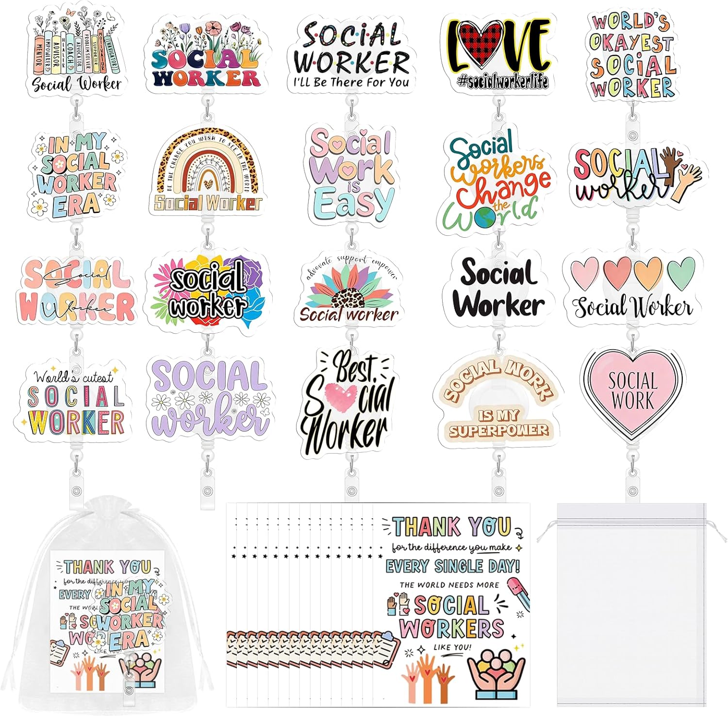 20 Sets Social Worker Badge Holder for Women Men Social Worker Badge Reels Retractable with Clip Appreciation Supplies for Social Worker Office Staff Nurse Coworker Employee