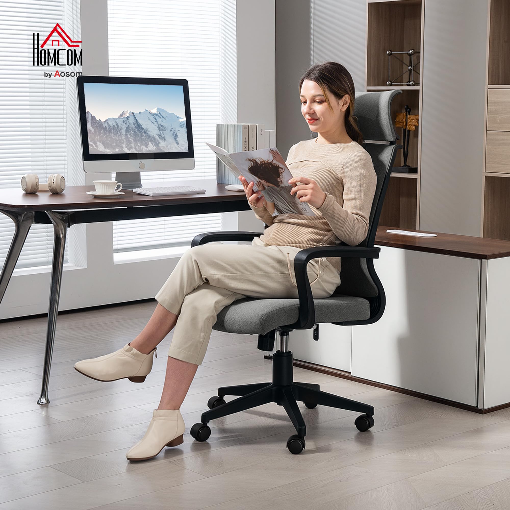 HOMCOM Bürostuhl Ergonomisch mit Armlehne, mit Kopfstütze, Dunkelgrau