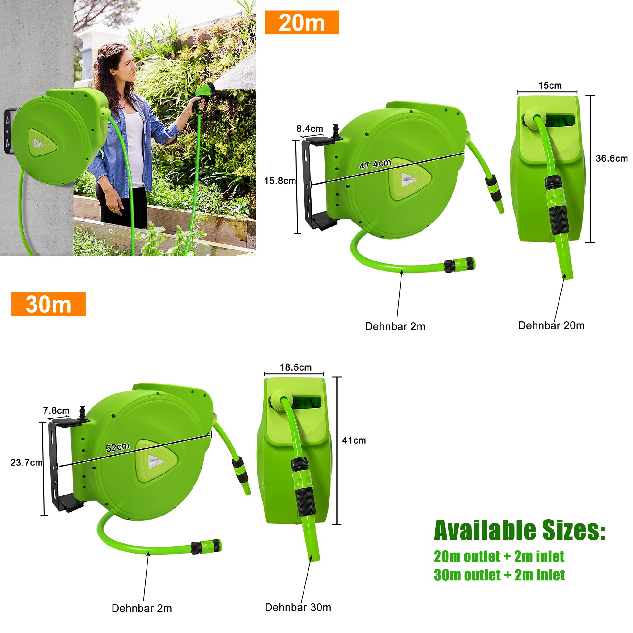 180° Schwenkbare Wandmontage Schlauchtrommeln, 20m Automatik Aufrollung PVC Gartenschlauch-Trommel mit 2m Inlet Schlauch, Wetterfeste PP Gehäuse & 9 Sprühmuster, Schlauchbox Gießen Autowaschen