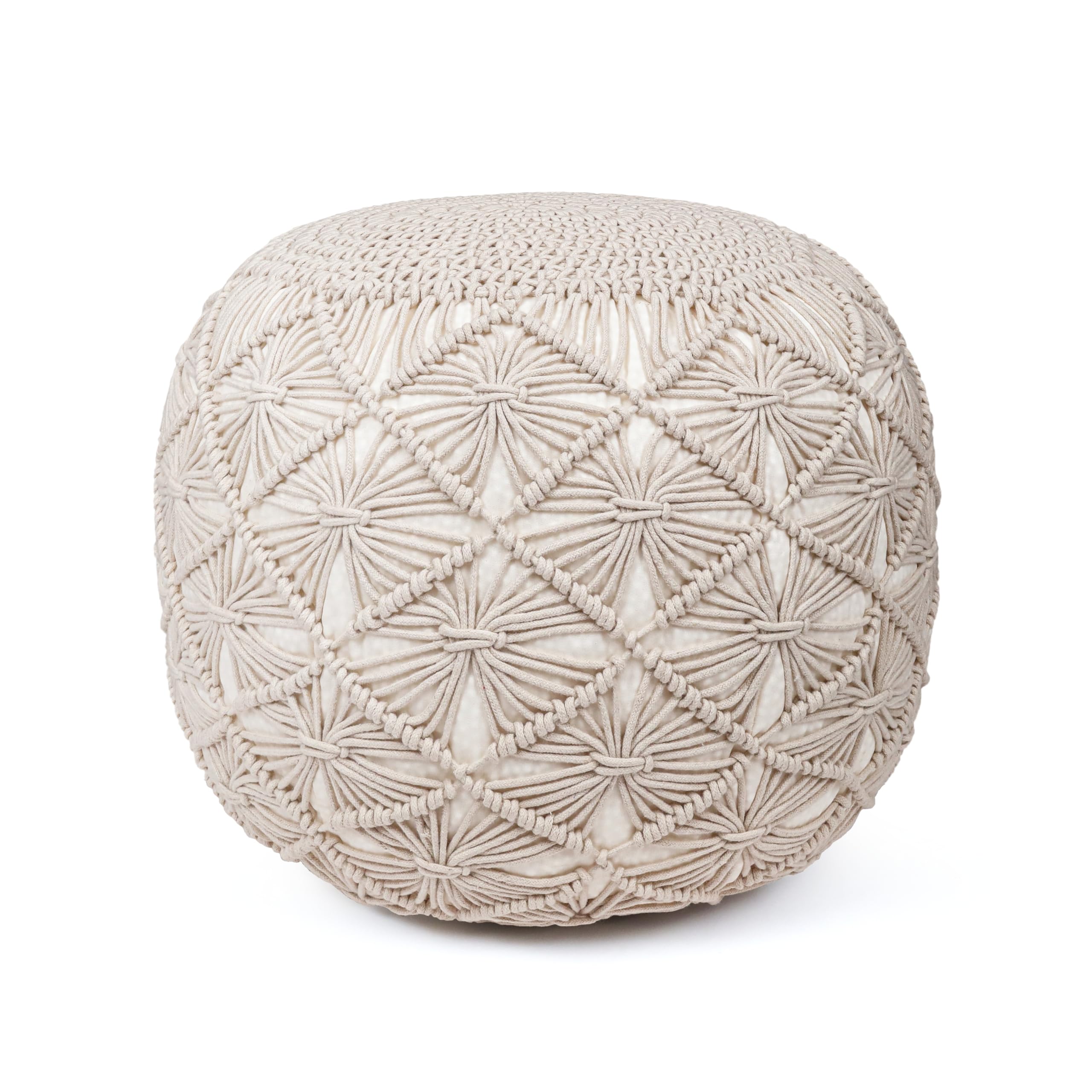 Cotton Macrame Pouf Ottoman 20x20x14 Ivory Handwoven Dori Footrest Stool
