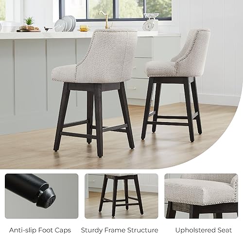 Miniatura 5 de CHITA Taburete de bar giratorio de altura de mostrador, taburete de bar tapizado de altura de asiento de 26 pulgadas, tela en marfil