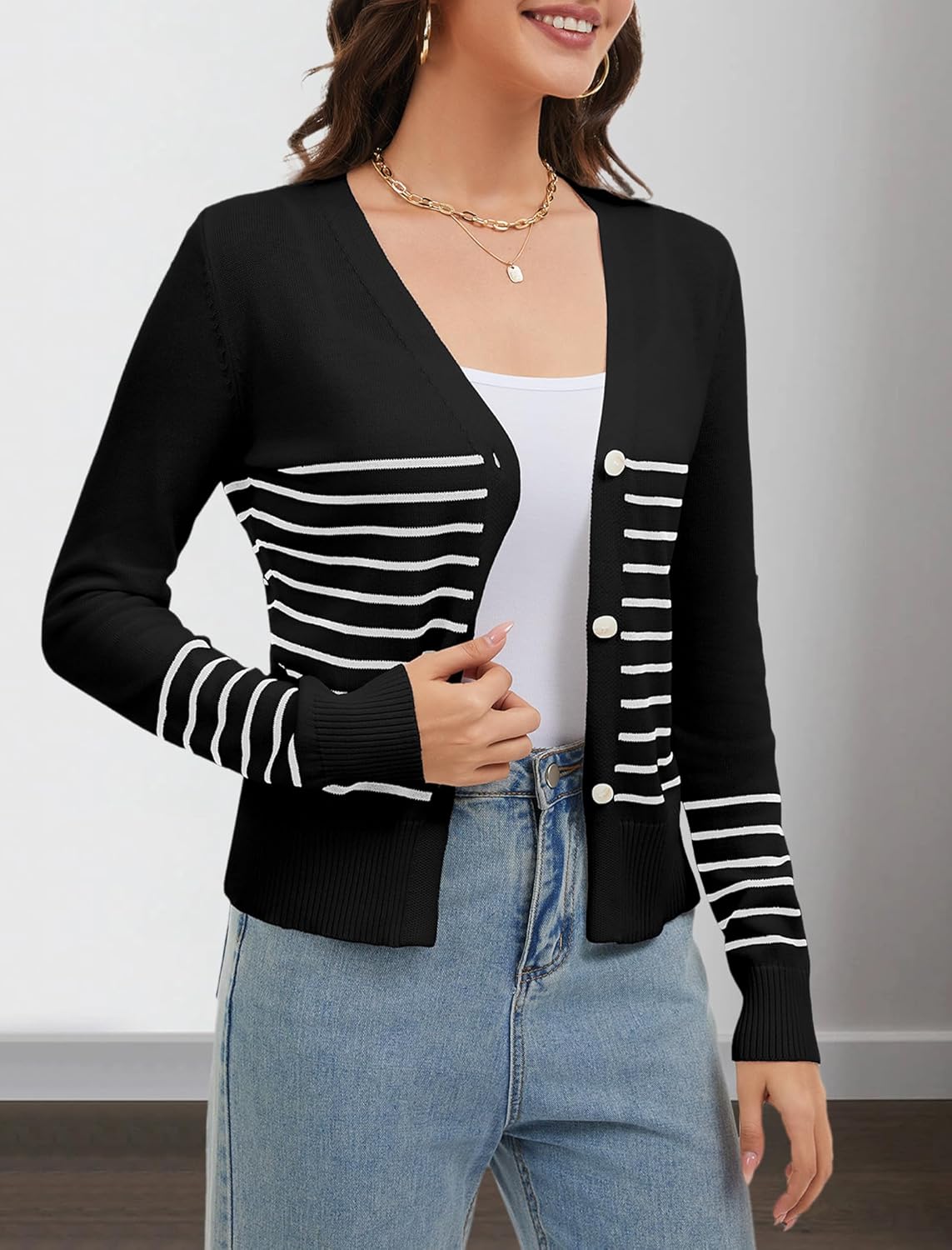 Women Striped Cardigan Sweaters Button Down V Neck Open Front Long Sleeve Knit Sweater Fall Trendy Lightweight Coat - Image 2