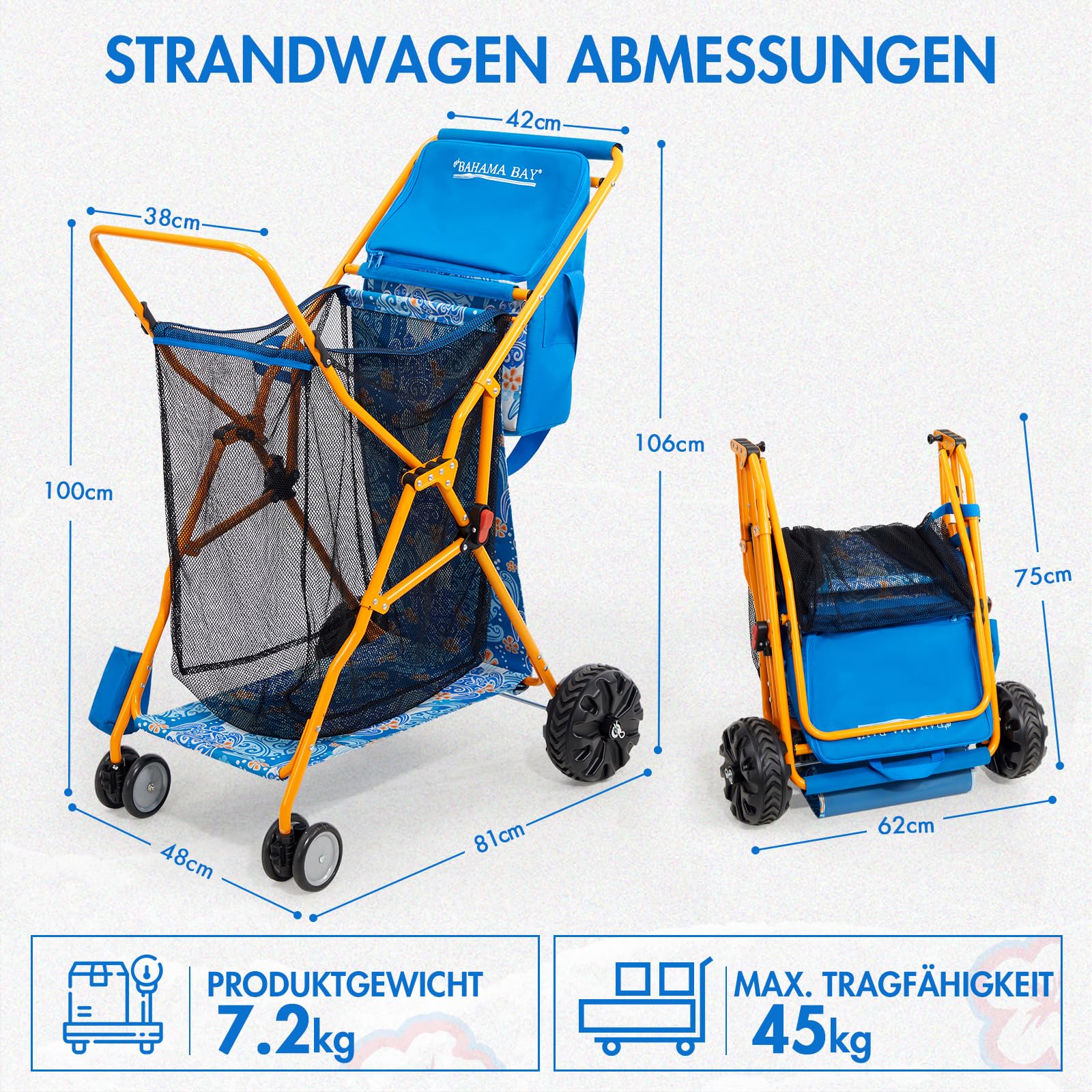 Old Bahama Bay Strandwagen klappbar mit Abnehmbarer 20L Kühltasche Bollerwagen faltbar mit großen All-Terrain-Rädern Faltwagen Transportwagen für Sand Strand Camping Garten