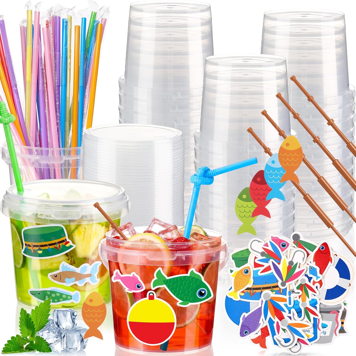 24 Pack 25 oz Fishing Clear Plastic Drink Buckets with Handle Lid and Straw Fish Bobber Pole Sticker Cocktail Rum Drink Buckets Bulk for Gone Fishing Birthday Party Favor Supplies Decor