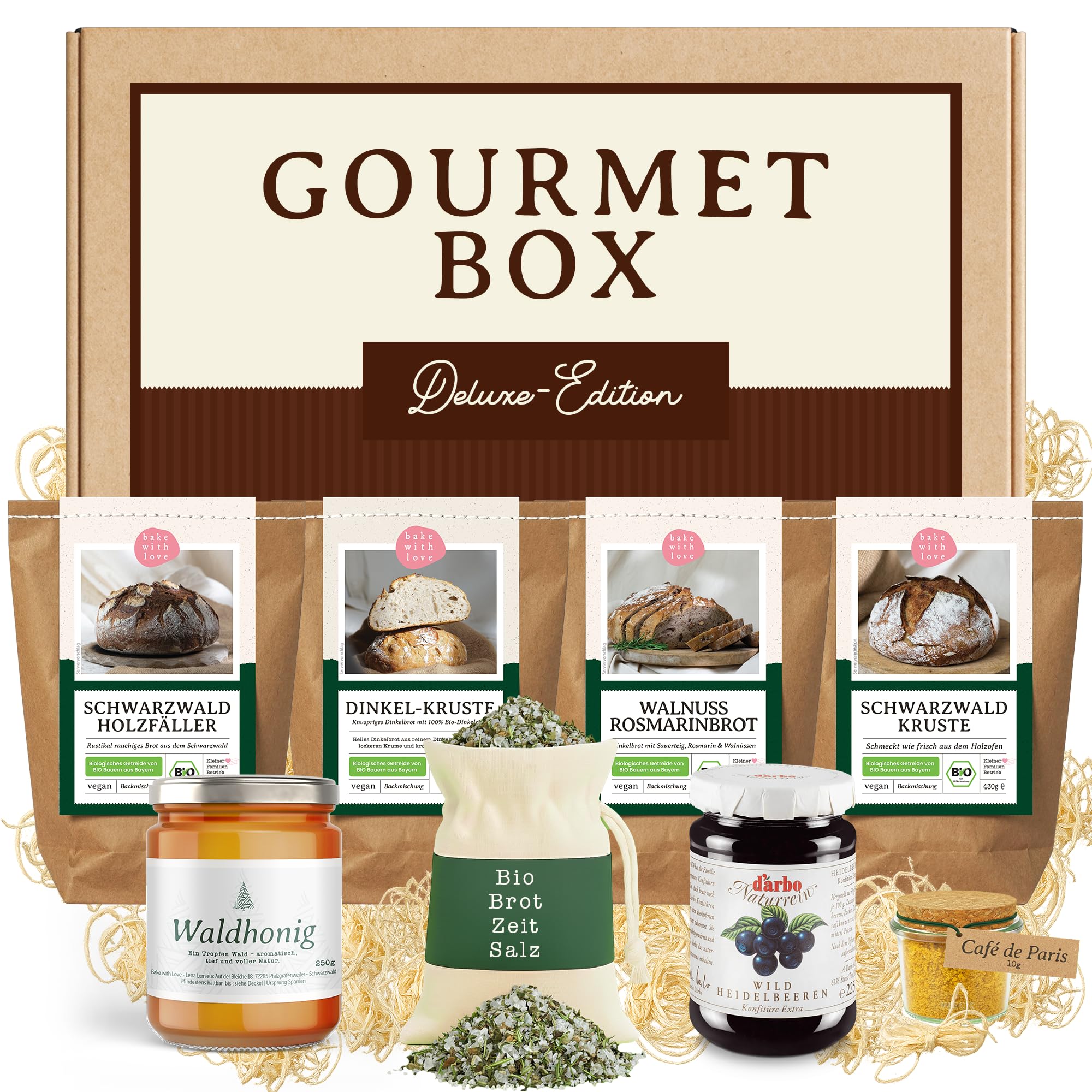 Feinkost Geschenkkorb – Gourmet Geschenkset mit 4 Bio Brotbackmischungen, Marmelade, Honig und 2 Gewürzmischungen – Präsent für Brotliebhaber Feinschmecker Geburtstag Weihnachten