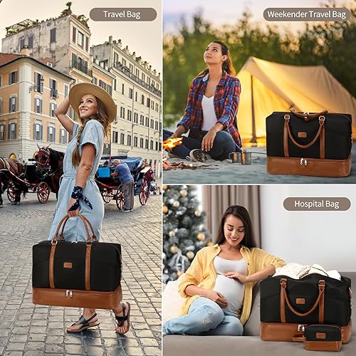 Miniatura 2 de Bolsa de fin de semana, bolsa de viaje grande para mujer, bolsa de mano con compartimento para zapatos y bolsas de aseo, A-negro (poliéster)