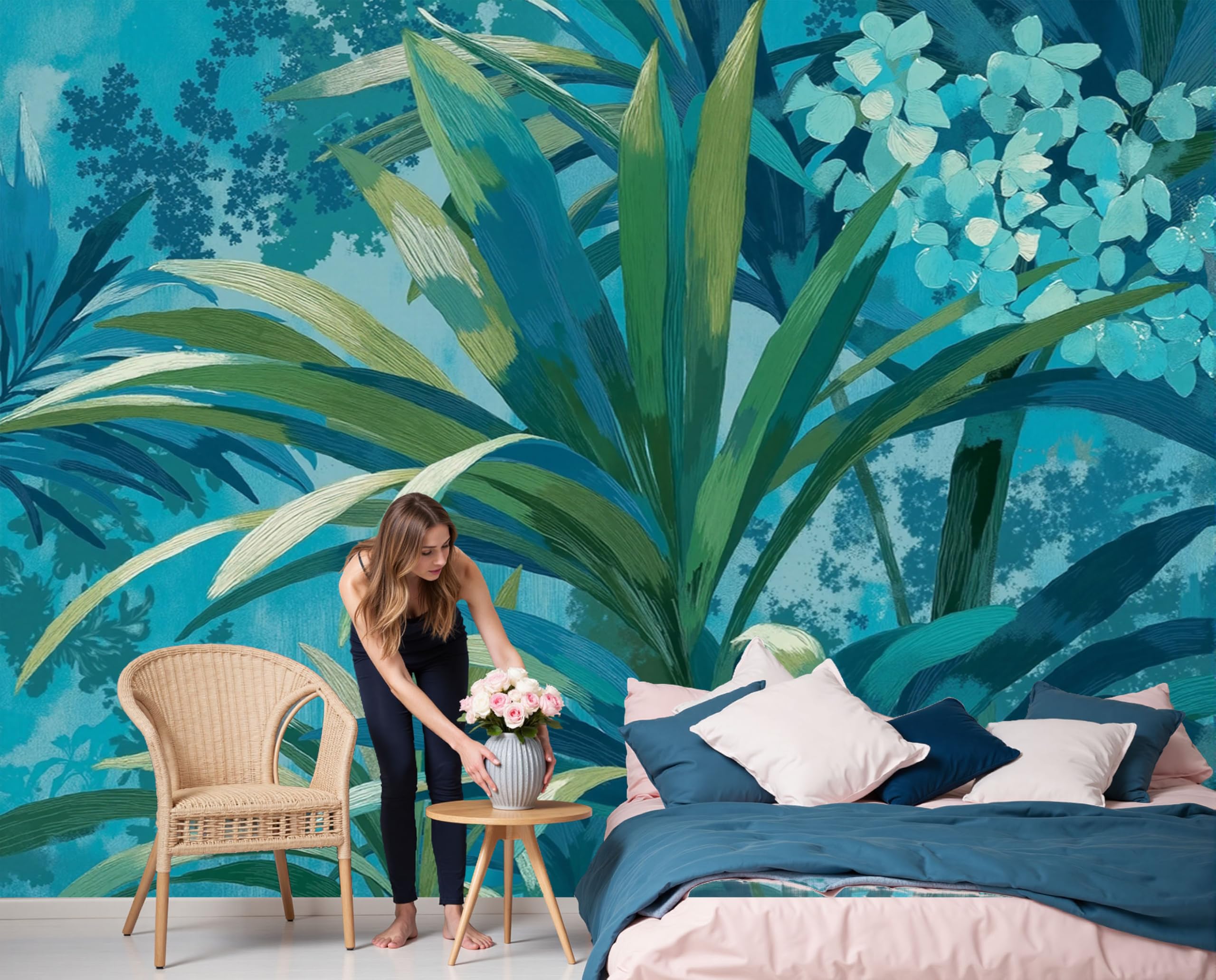 Papier peint panoramique plantes tropicales cyan décor mural 250x175