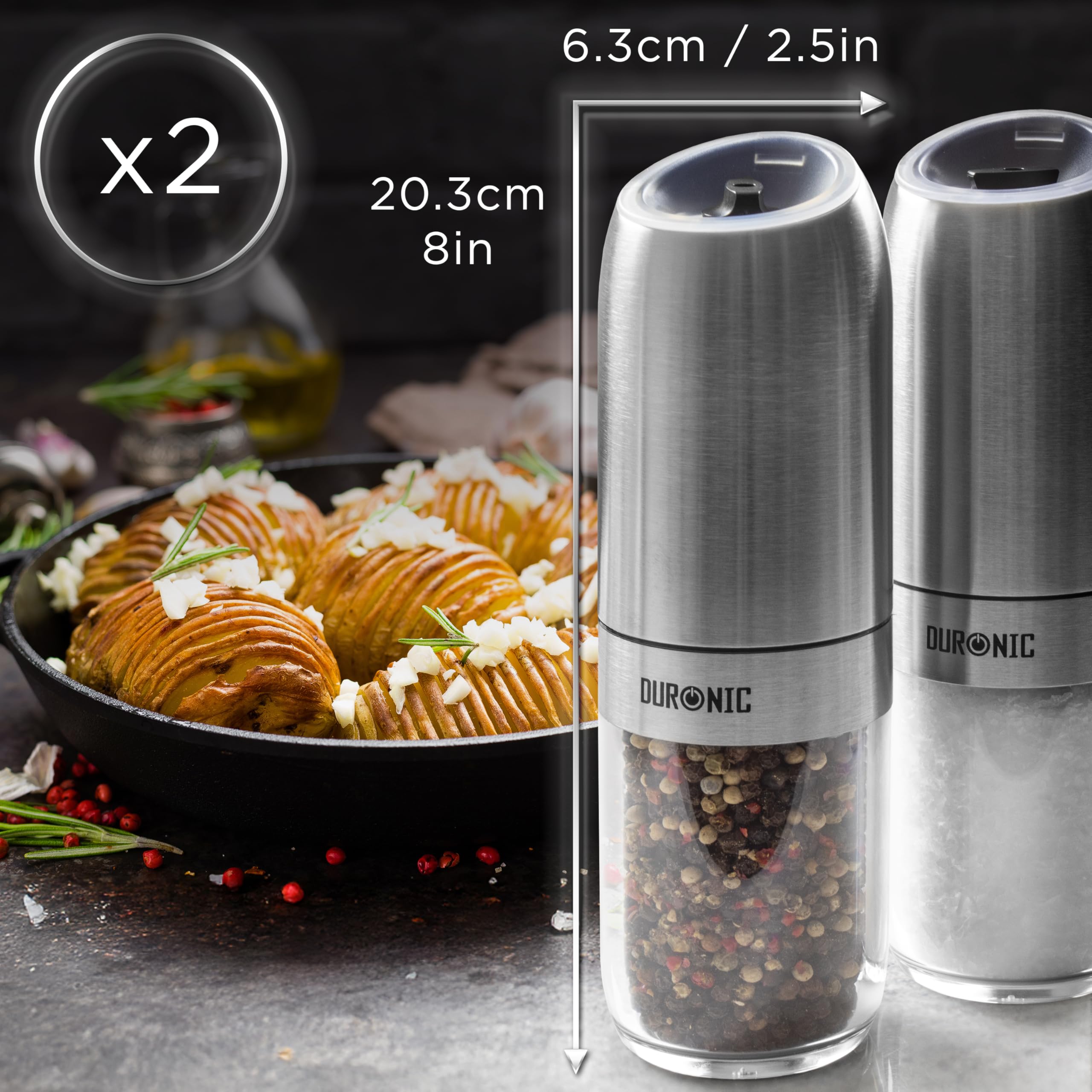 Duronic EMB2 Set 2 Macinasale pepe Elettrico, Macina Spezie automatico 150 ml, Gravità Senza Pulsanti, Regolabile Fine Grossa, Luce LED Macinino Sale Pepe, Portatile Alimentazione Batterie